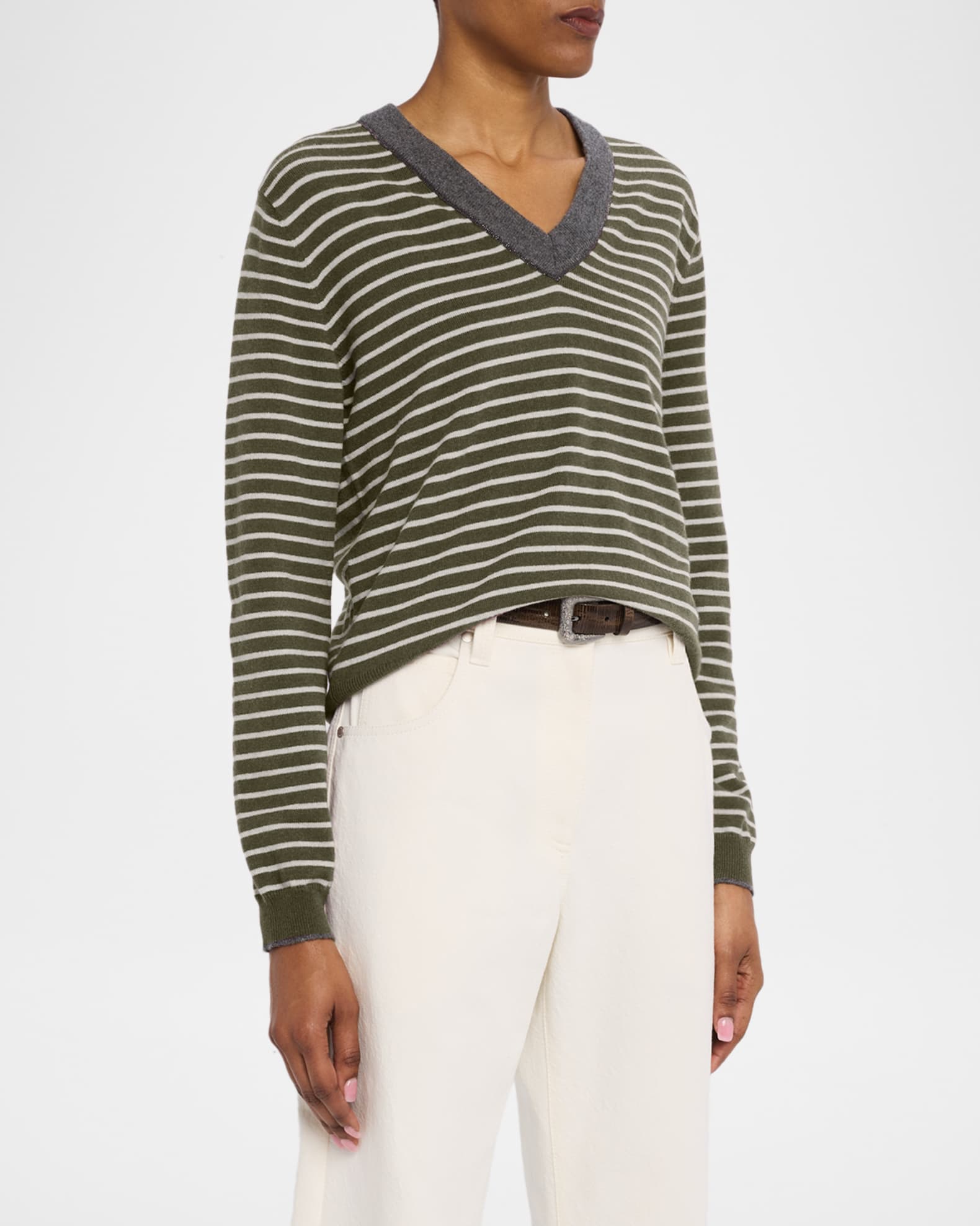 関税込み/BRUNELLO CUCINELLI ロールスリーブ シルクトップス BRUNELLO CUCINELLI Striped cotton and silk-blend shirt | THE