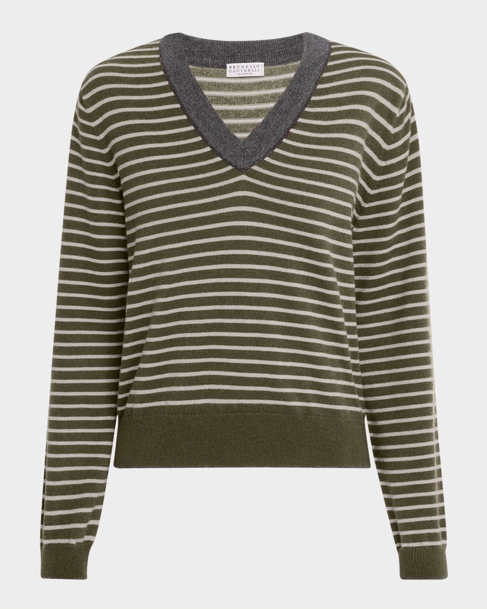 Striped Wool-Cashmere V-Neck Sweater 0