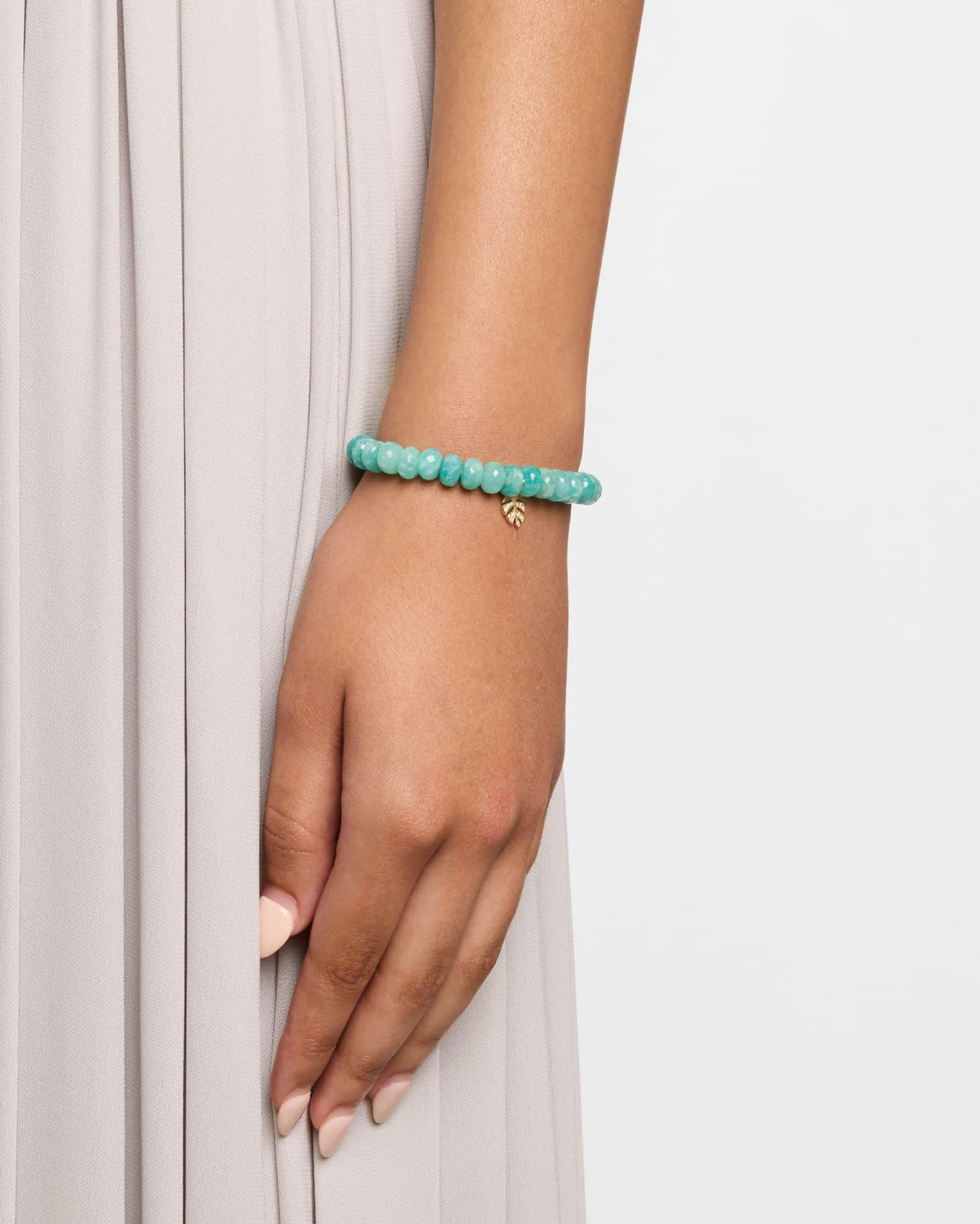 14K Gold Diamond Pave Leaf Charm Amazonite Beaded Bracelet 1