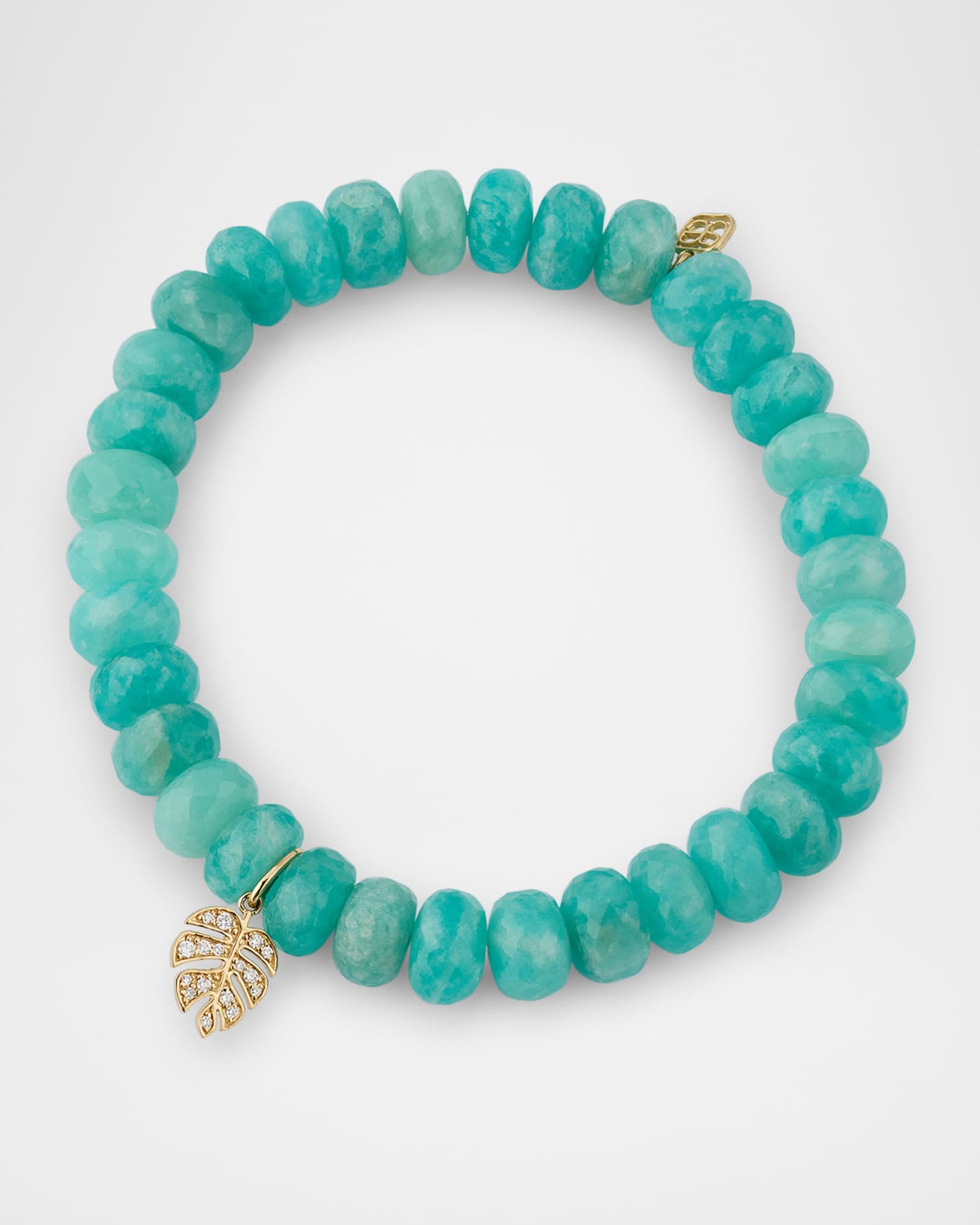 14K Gold Diamond Pave Leaf Charm Amazonite Beaded Bracelet 0