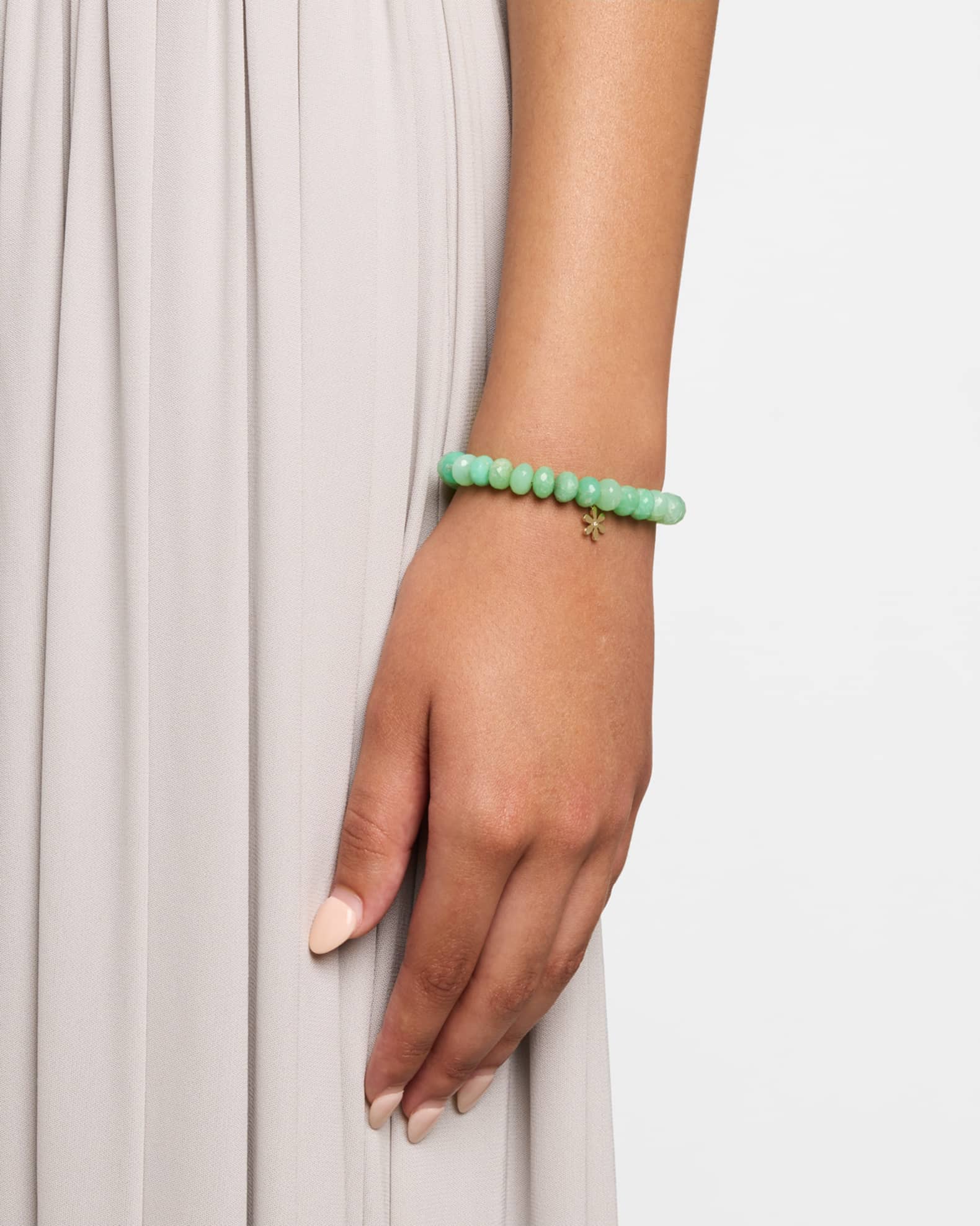 14K Gold Diamond Daisy Charm Chrysoprase Beaded Bracelet 1