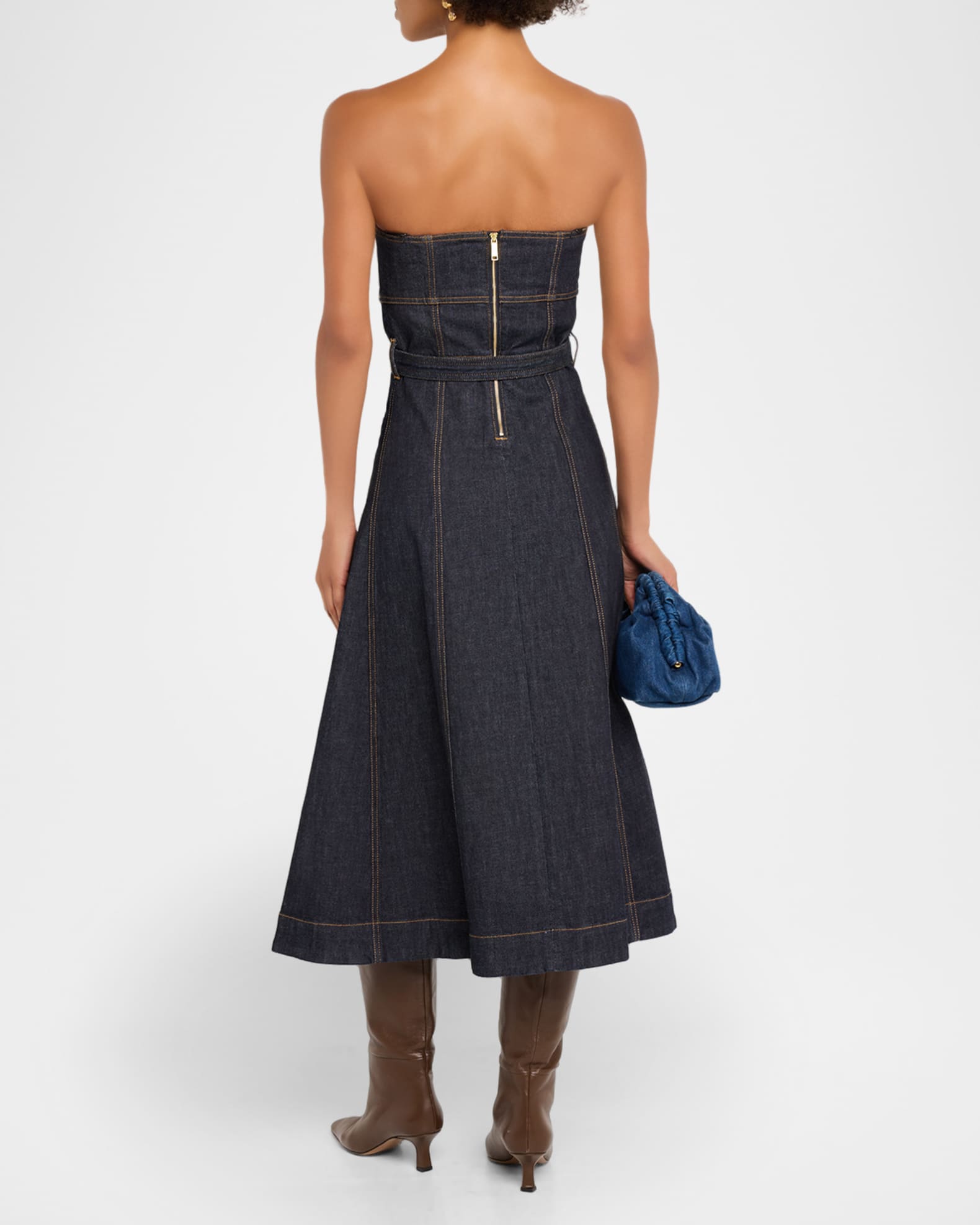 Self-Portrait Bandeau Denim A-Line Midi Dress | Neiman Marcus