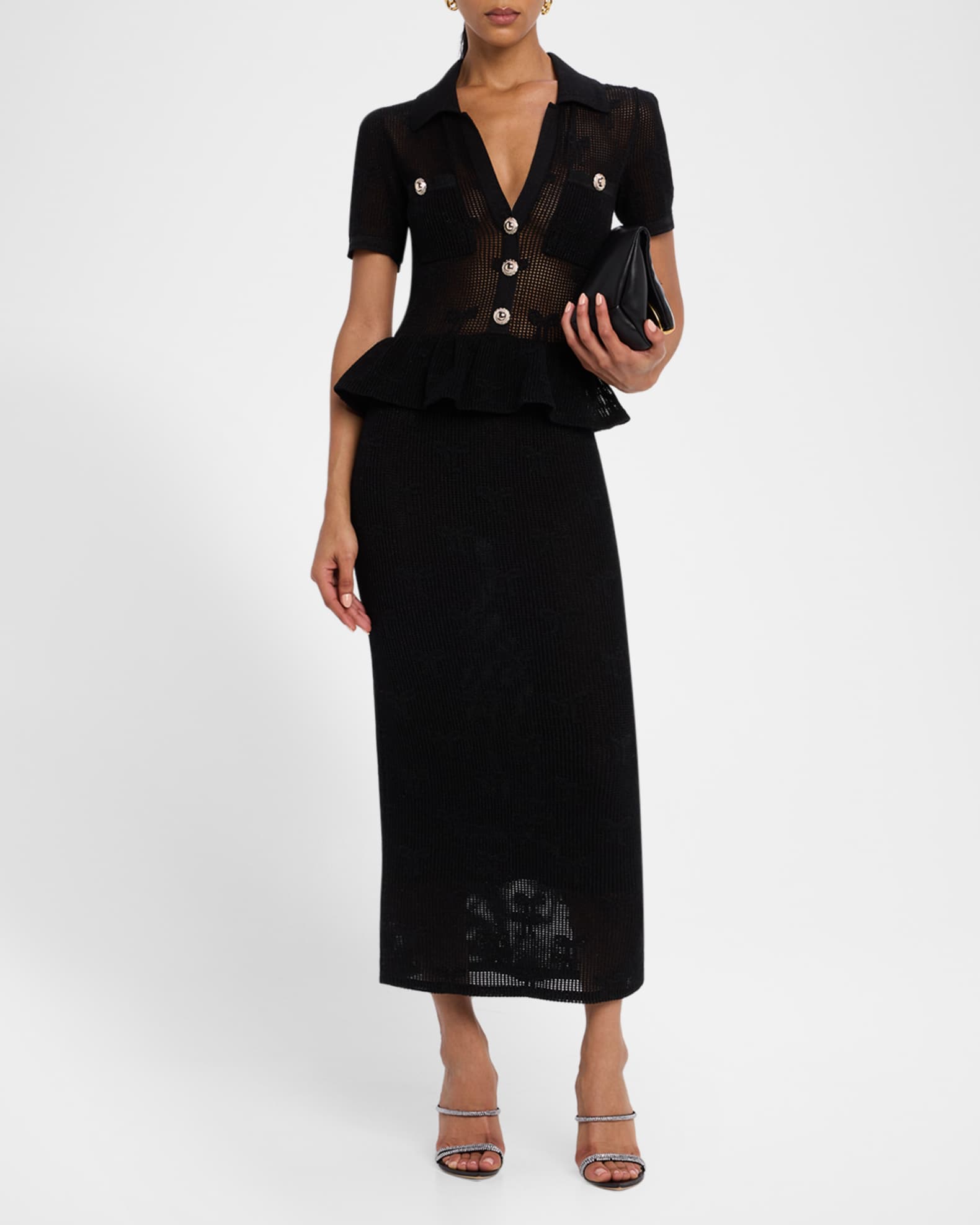 【SELF PORTRAIT 】BLACK BOW CROCHET MIDI DRESS Black Crepe Bow Midi Dress – self-portrait-US