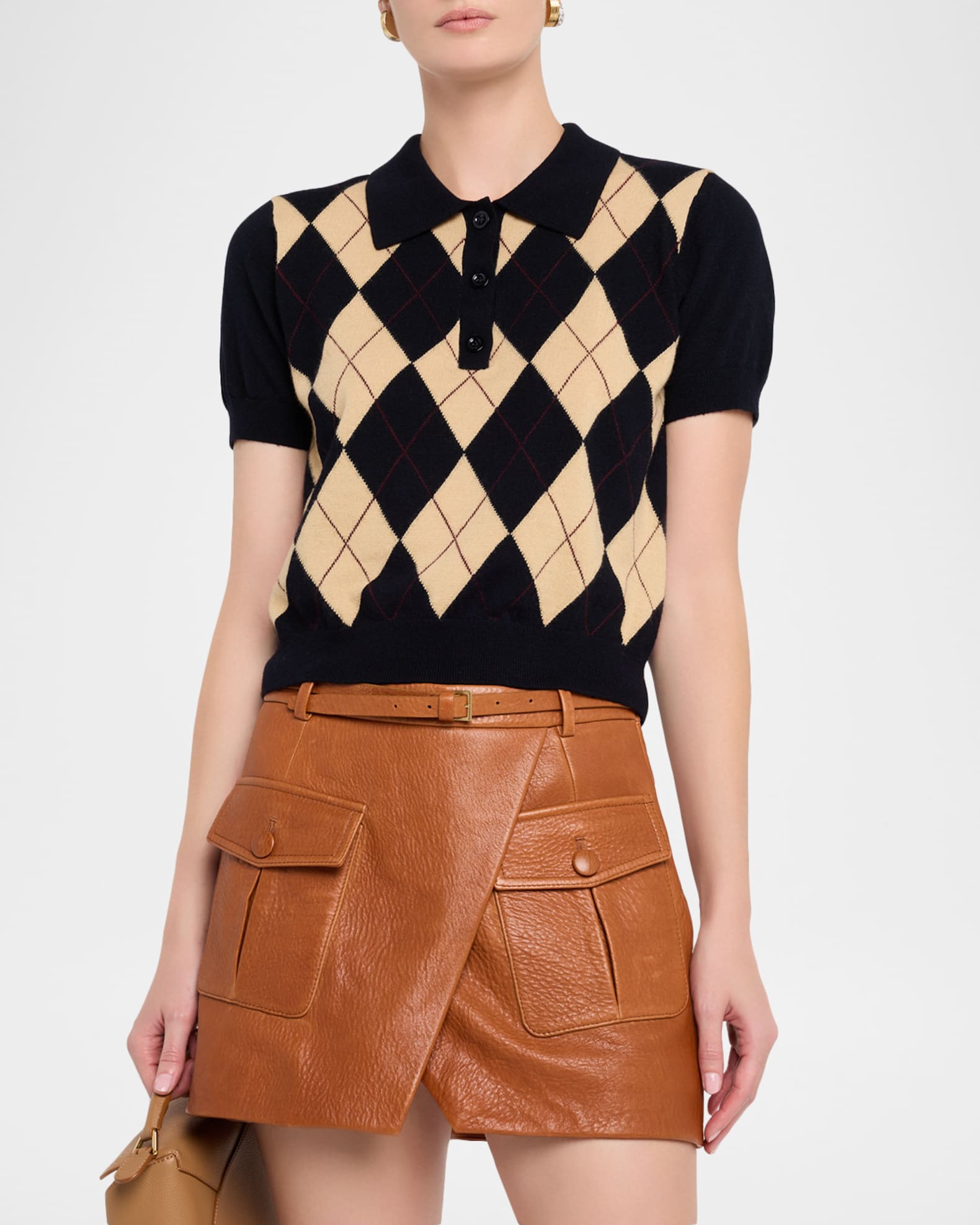 Chevron Button-Front Short-Sleeve Polo Sweater  - Chalk