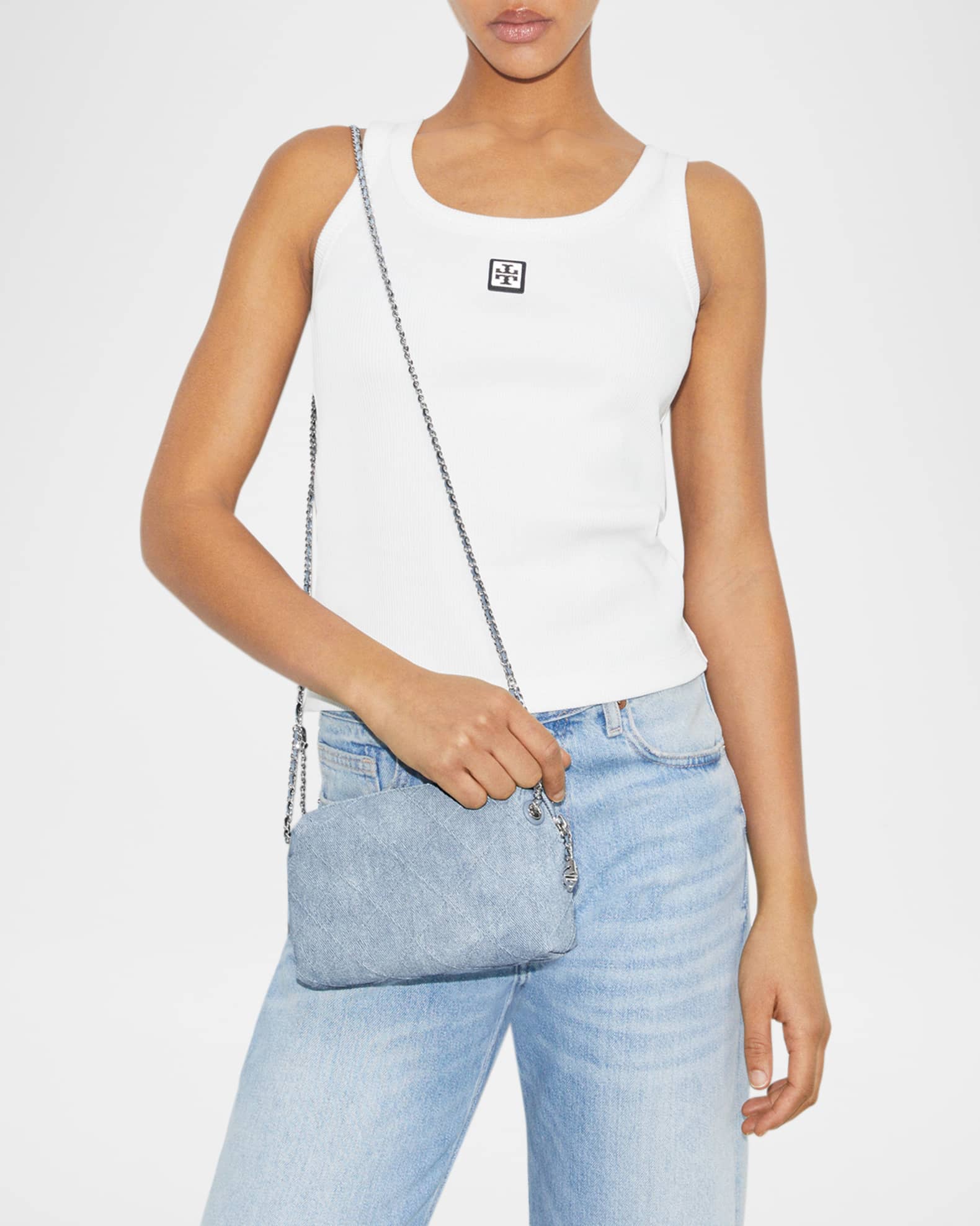 Tory Burch Fleming Denim-Print Suede Crossbody Bag | Neiman