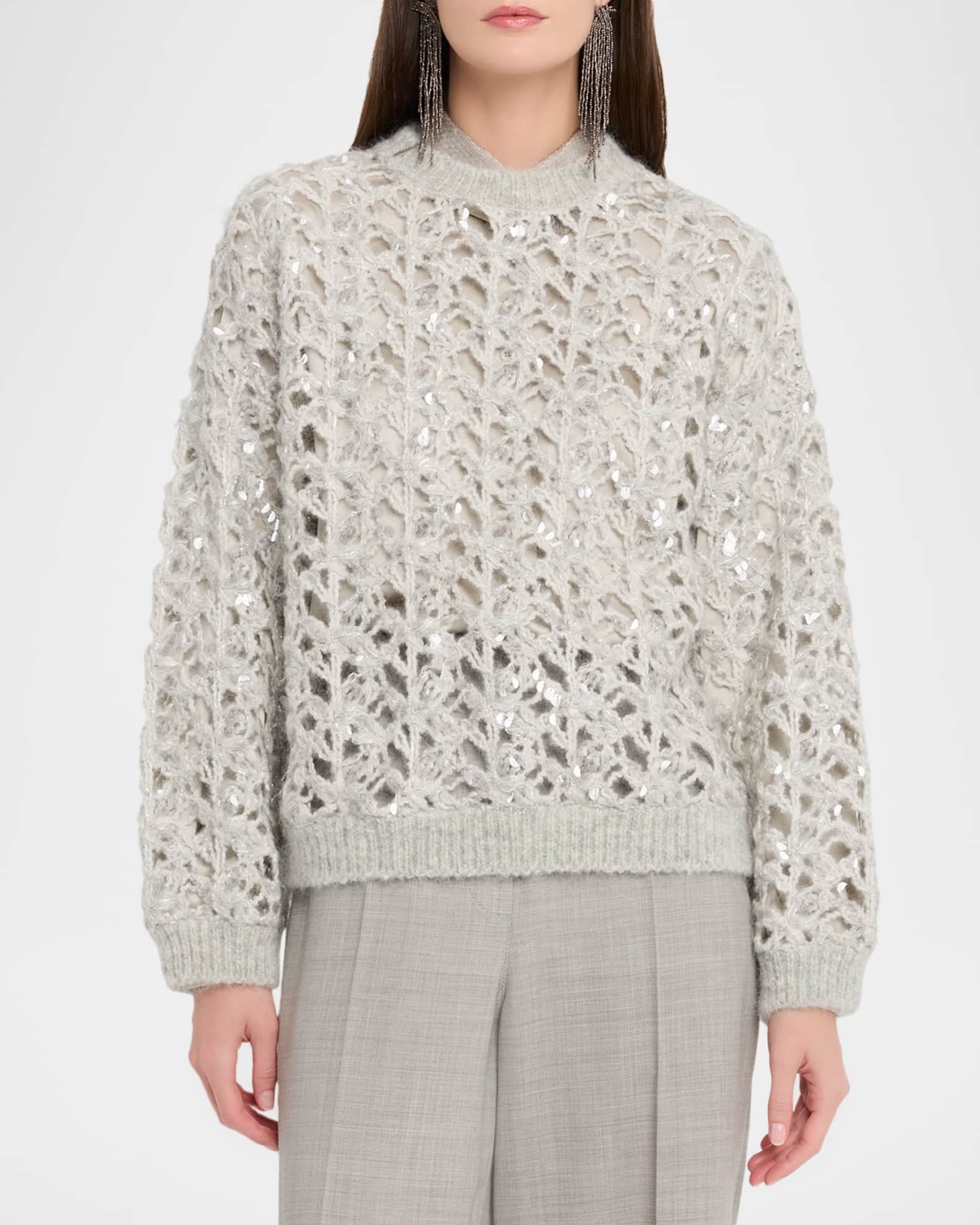 Brunello Cucinelli Sequined Mohair-Wool Open-Knit Crewneck Sweater