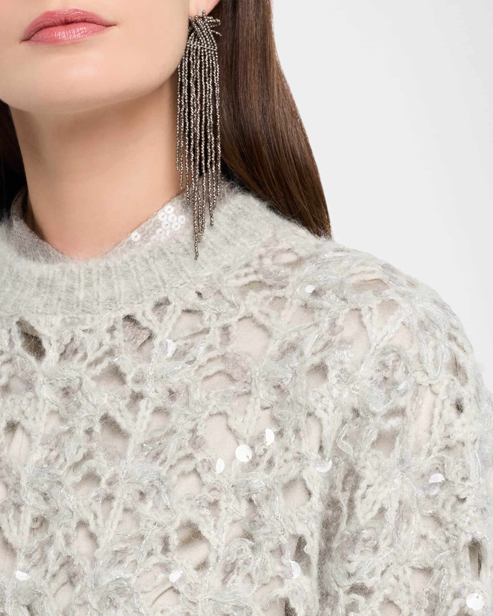 Brunello Cucinelli Sequined Mohair-Wool Open-Knit Crewneck Sweater
