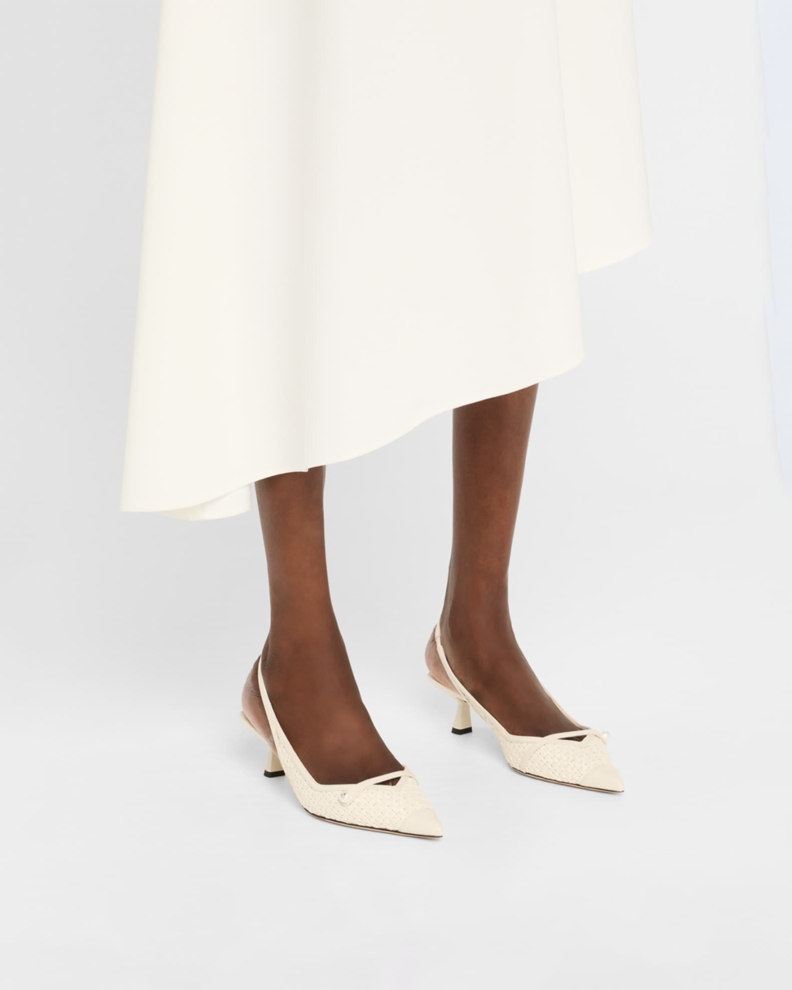 【Jimmy Choo】Amita 45 レザーラフィア スリングバックパンプス JIMMY CHOO Amita 45 faux pearl-embellished leather-trimmed