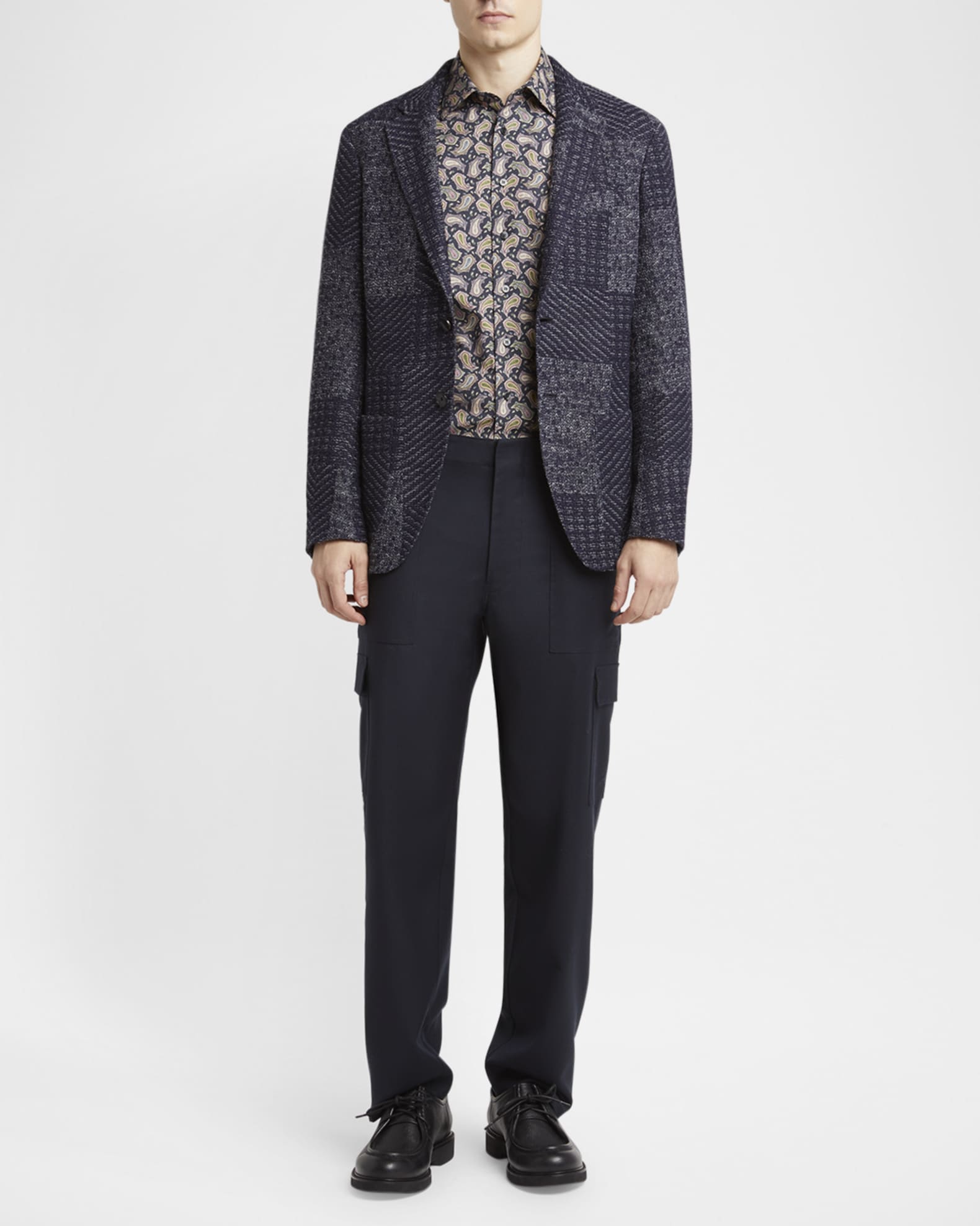 paisley dress shirt with suit Men's Outfit: White Suit, Navy Paisley Dress Shirt, Silver Watch
