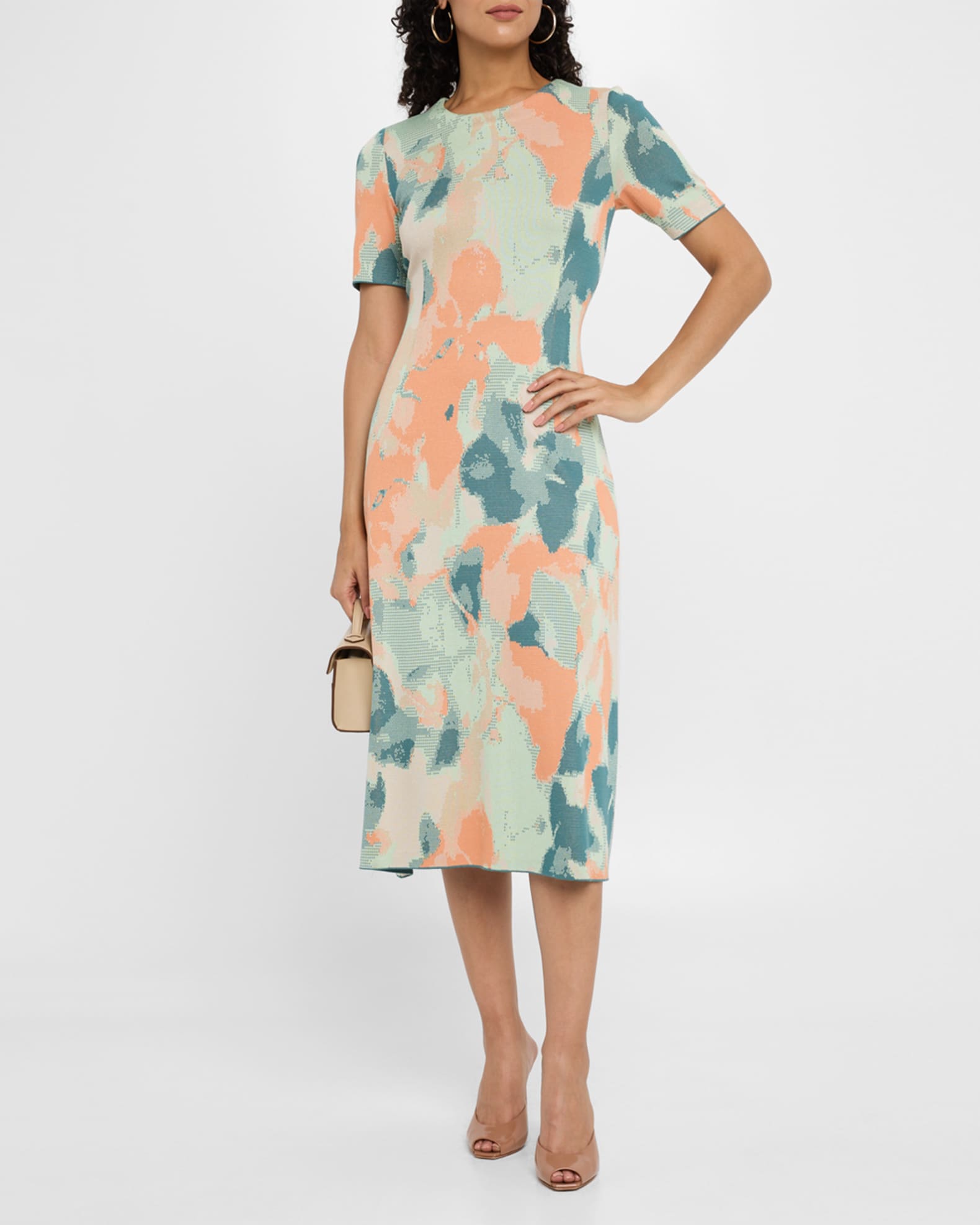 Floral Knit Short-Sleeve A-Line Midi Dress 1