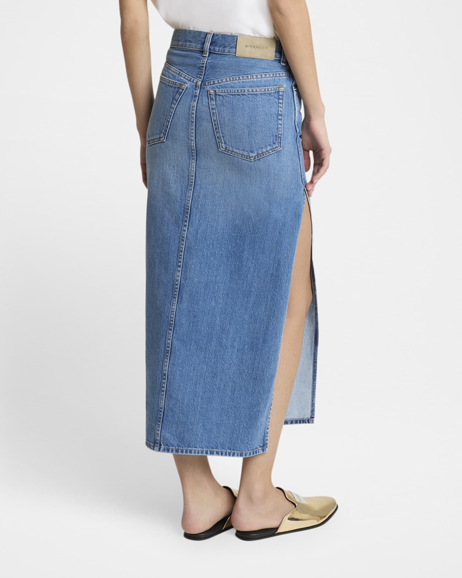 デニム・ジーパン Givenchy Side Slit Midi Denim Skirt With Logo Patch Givenchy Side-Slit Denim Midi Skirt | Neiman Marcus