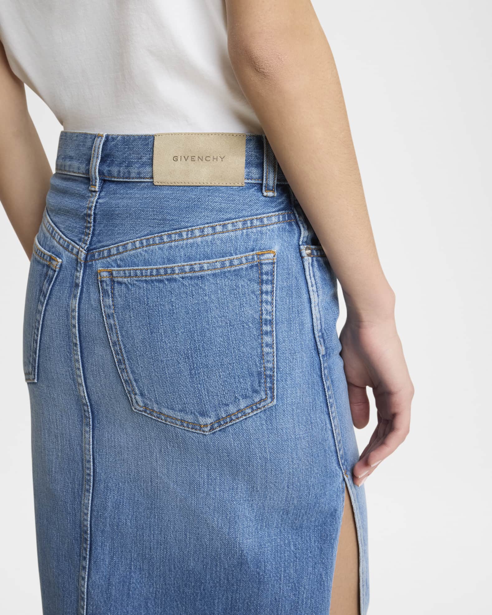 デニム・ジーパン Givenchy Side Slit Midi Denim Skirt With Logo Patch Givenchy Side-Slit Denim Midi Skirt | Neiman Marcus