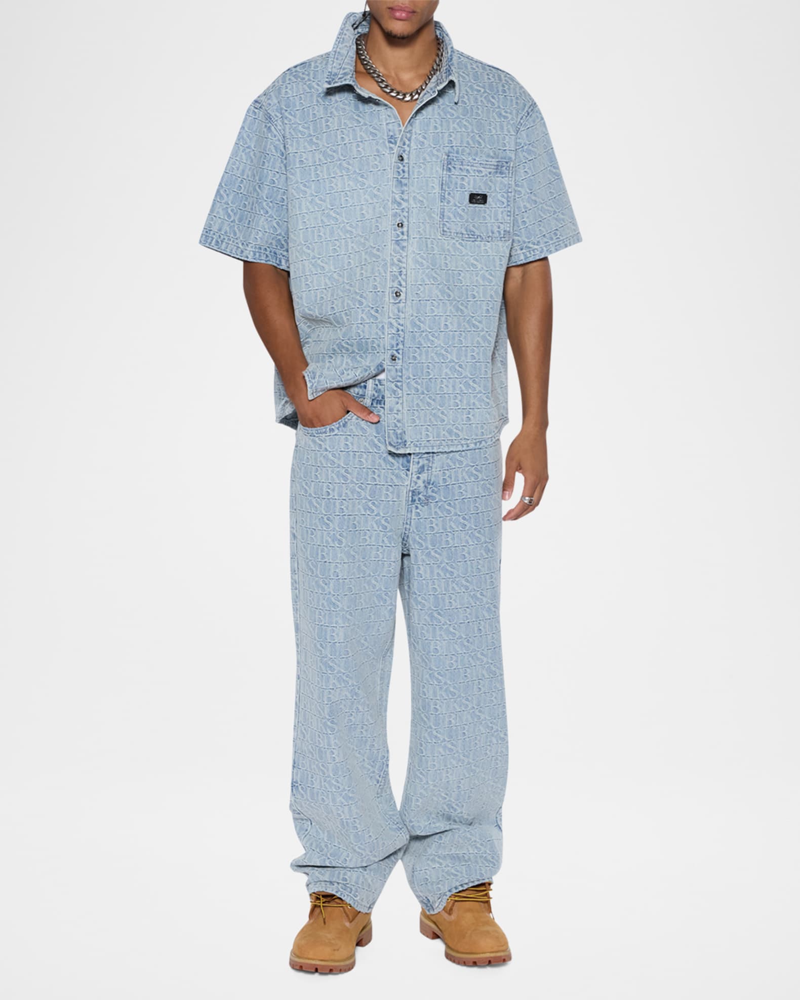 Men's Boxer Shirt Tile Denim Short-Sleeve Shirt 1