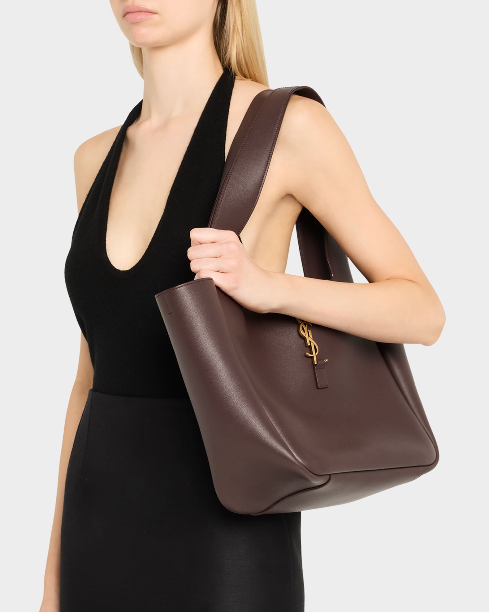 Saint Laurent Le 5  7 Bea Ysl Tote Bag In Calfskin Leather, Raisin, Women's, Handbags & Purses Tote Bags & Totes
