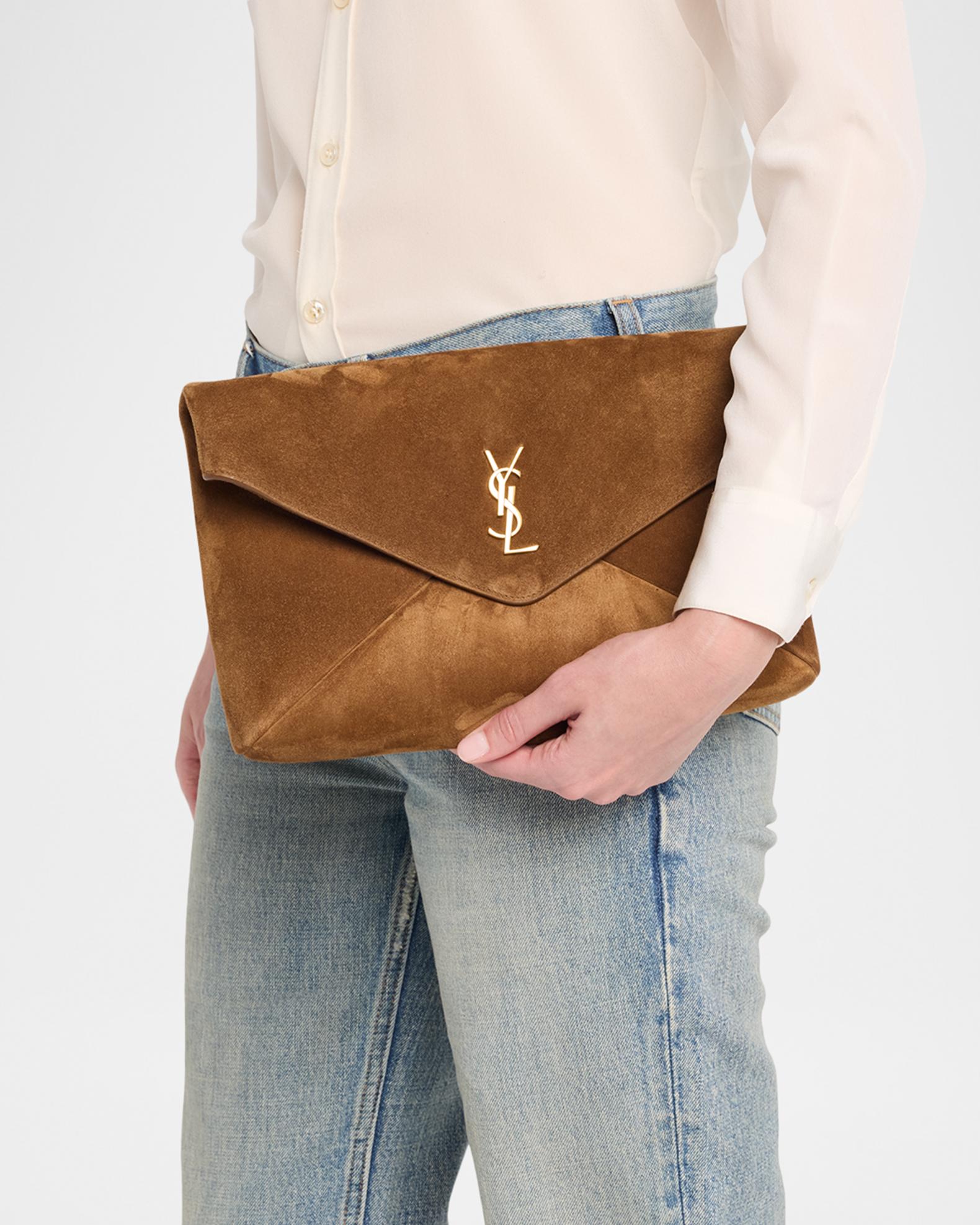 Saint Laurent Large YSL Envelope Flap Clutch Bag in Suede | Neiman