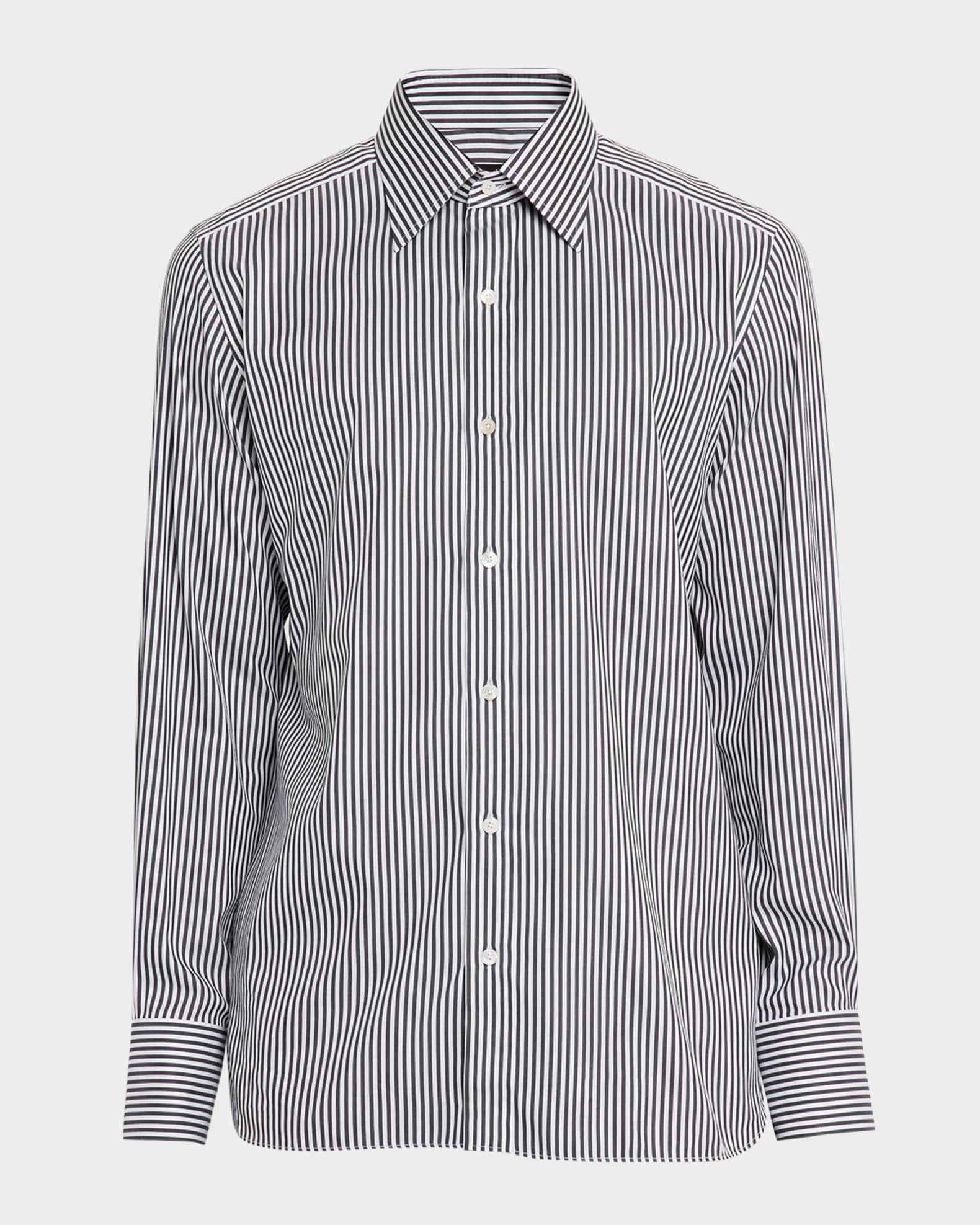 Men's Silk and Cotton Ladder Stripe Slim-Fit Dress Shirt 0