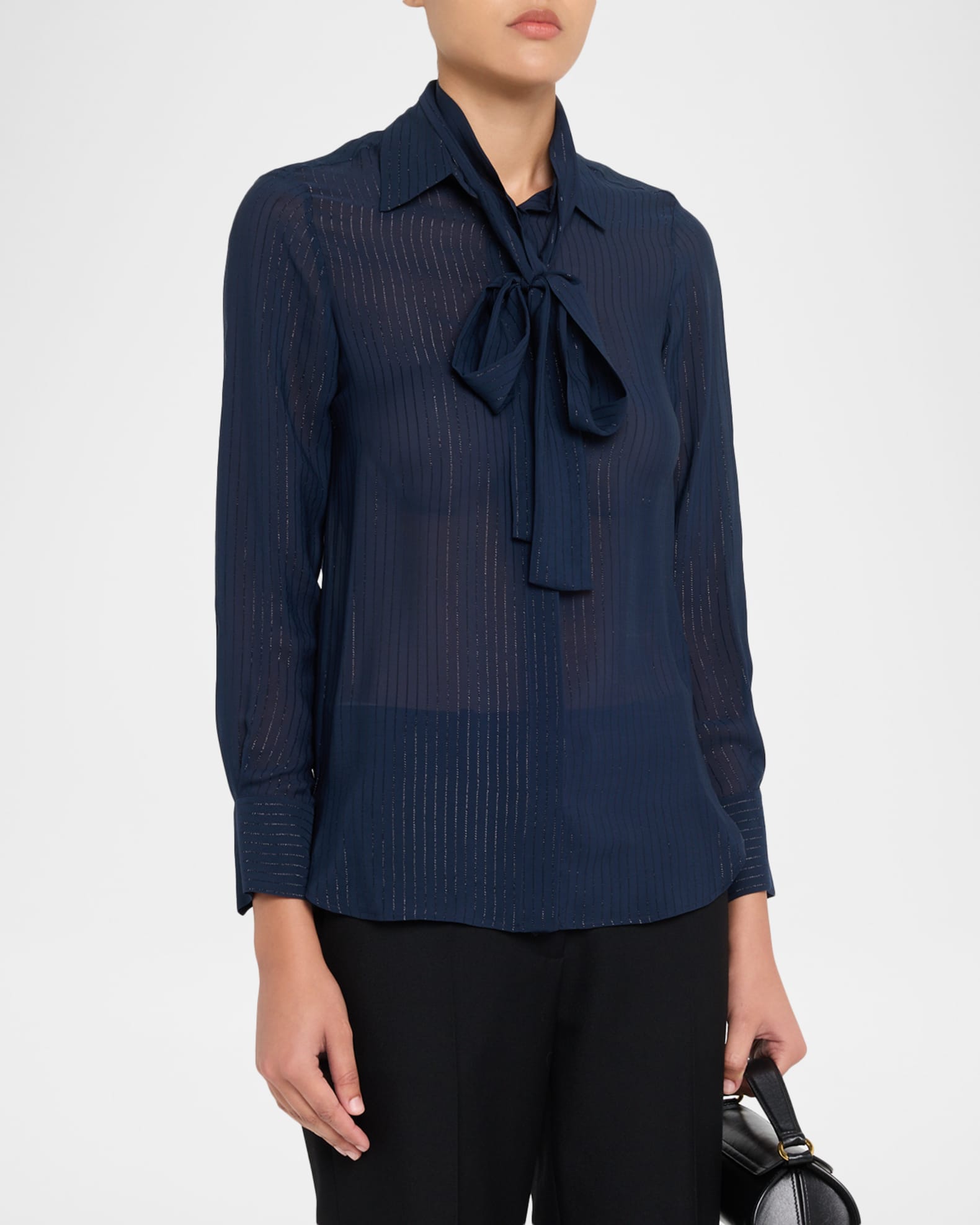 Kiton Metallic Pinstripe Silk Neck-Tie Blouse | Neiman Marcus