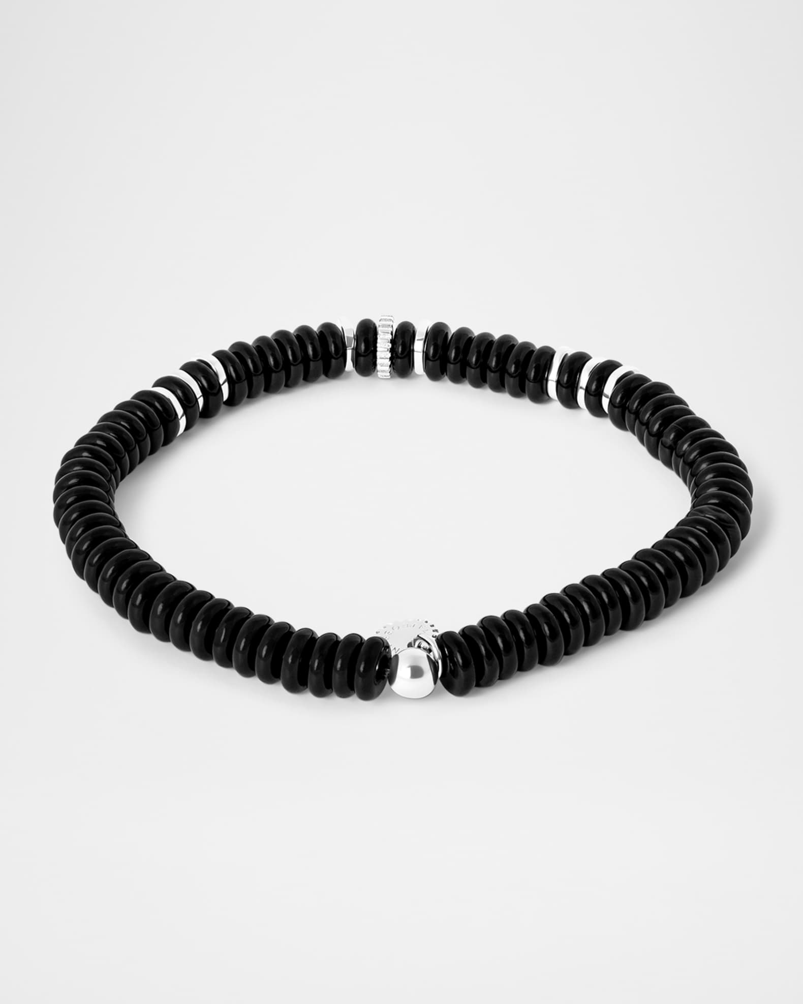 Men's Sterling Silver Disc Gear and Black Agate Beaded Bracelet 1