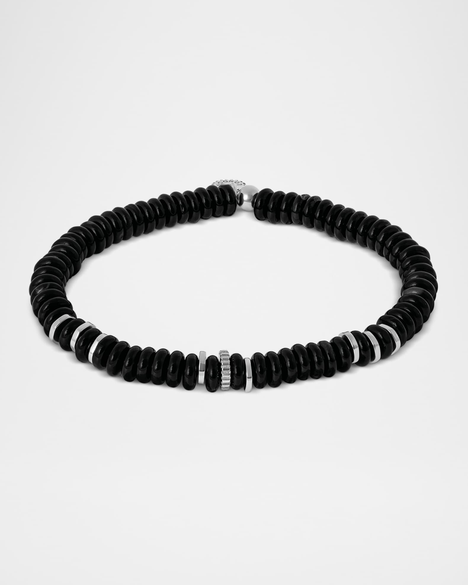 Men's Sterling Silver Disc Gear and Black Agate Beaded Bracelet 0