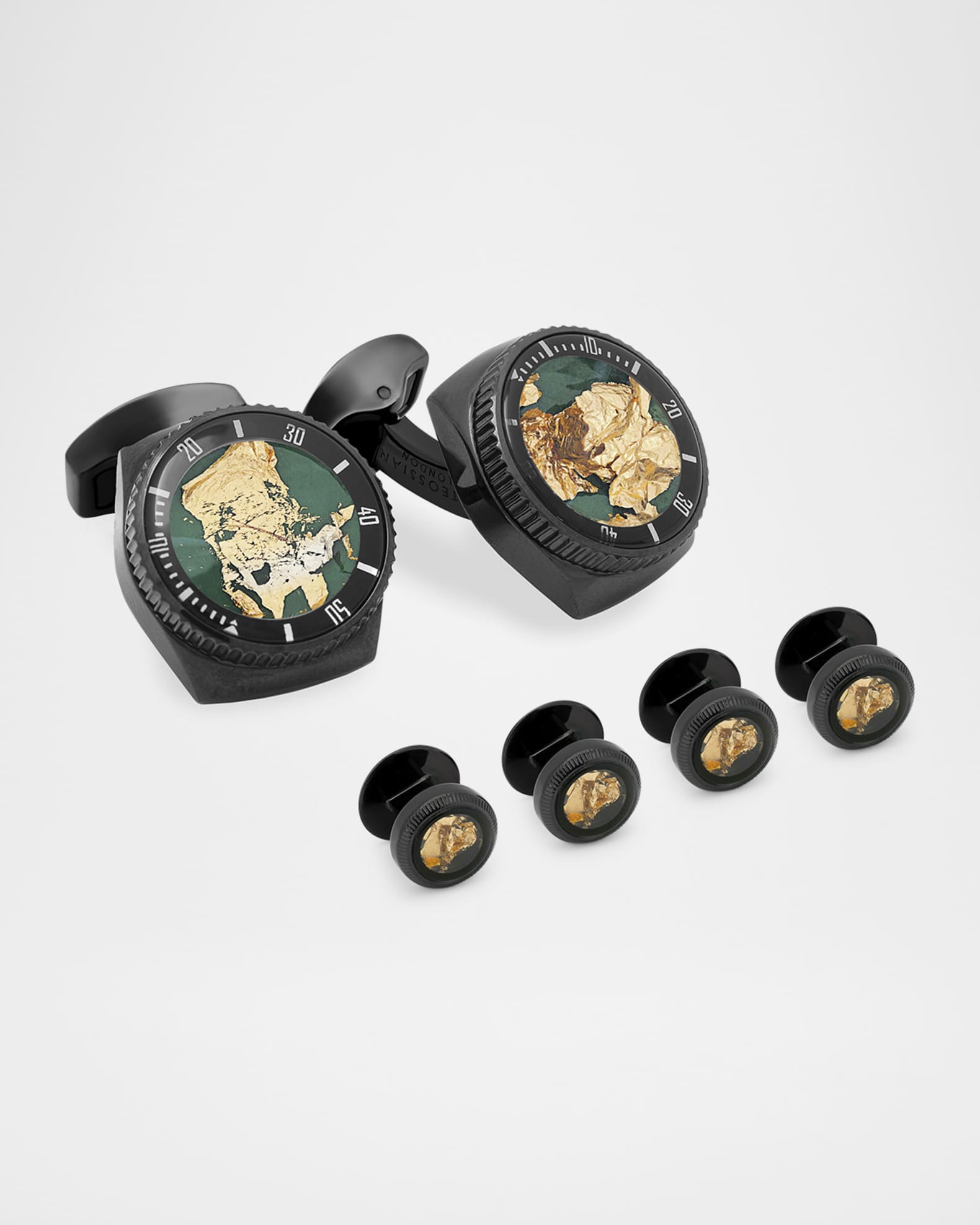 Men's Black IP Plated Stainless Steel and 22K Gold Rotating Cufflink Stud Set 0