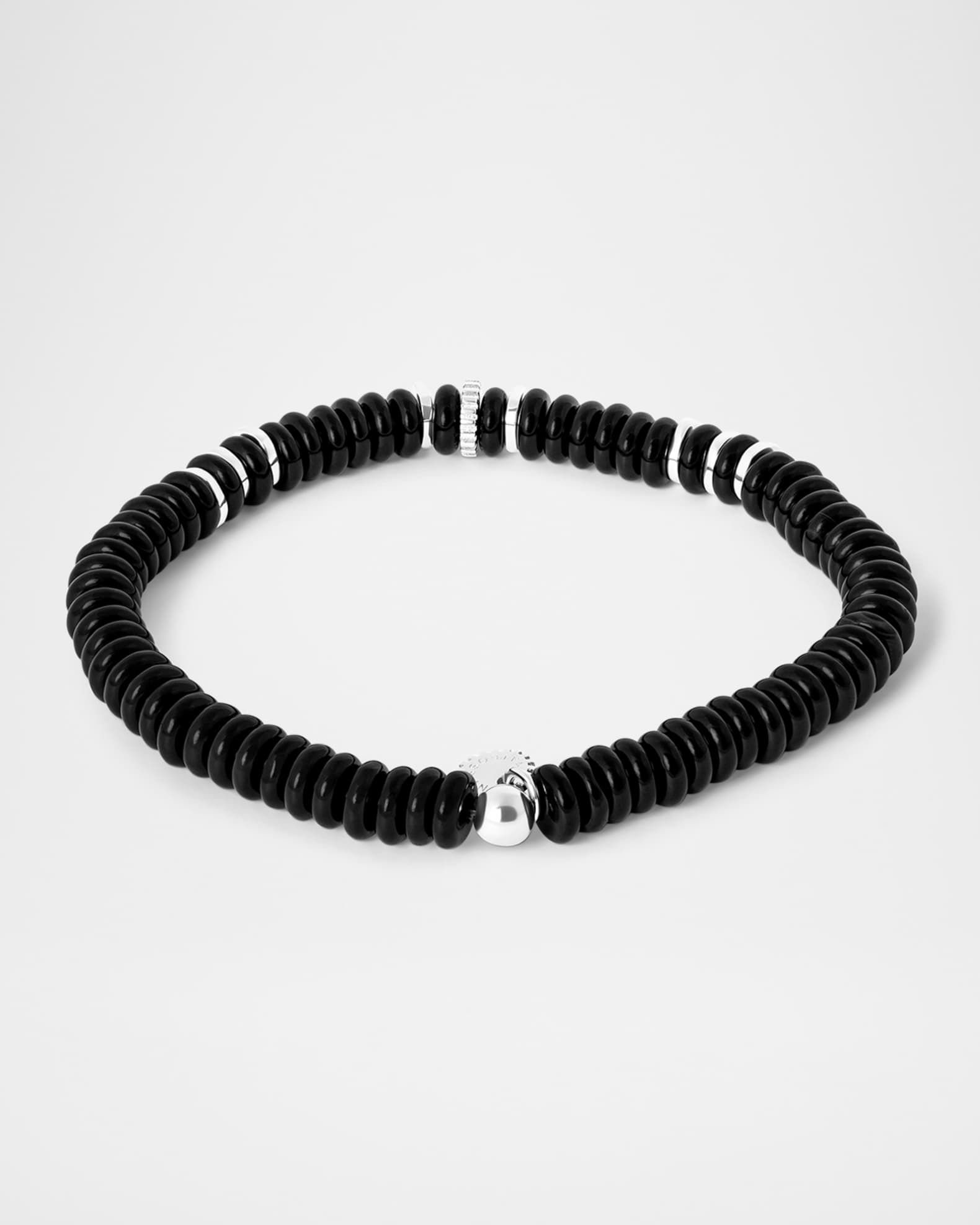 Men's Sterling Silver Disc Gear and Black Agate Beaded Bracelet 1