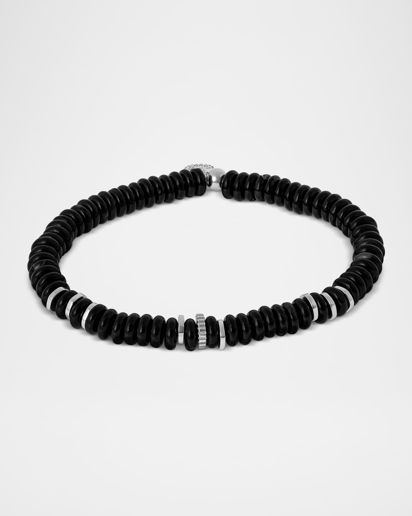 Men's Sterling Silver Disc Gear and Black Agate Beaded Bracelet 0