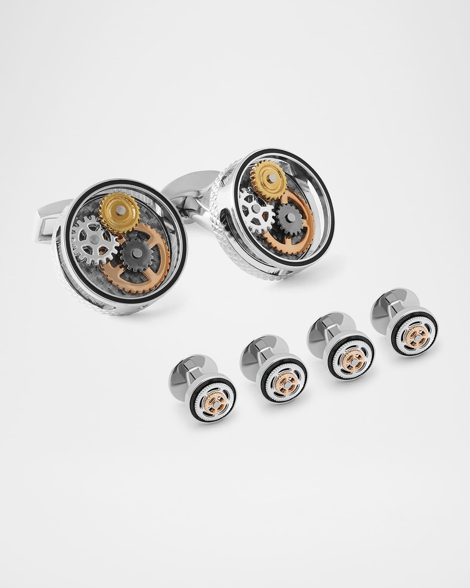 Men's Round Carbon Gear Cufflink and Stud Set 0