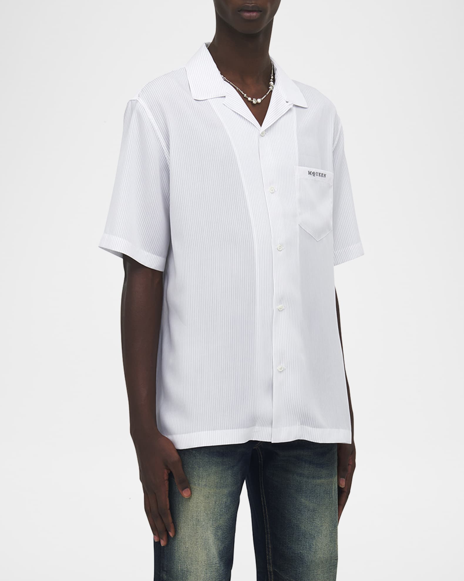 McQueen Men's Pinstripe Short-Sleeve Logo Pocket Camp Shirt