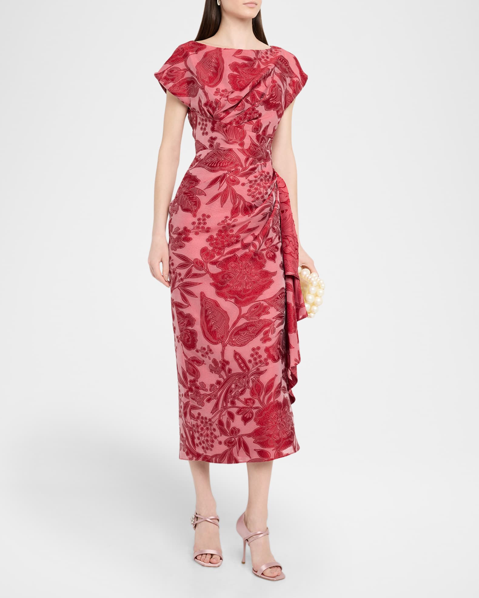 Lela Rose Florence Cap-Sleeve Fil Coupe Tea-Length Dress