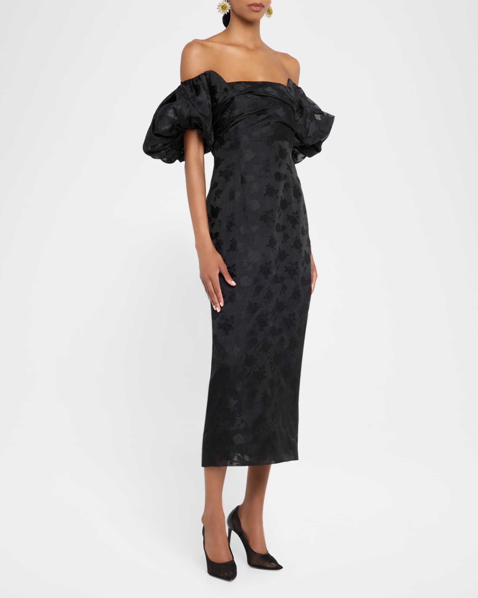 Thelma Off-The-Shoulder Puff-Sleeve Fil Coupe Midi Dress 1