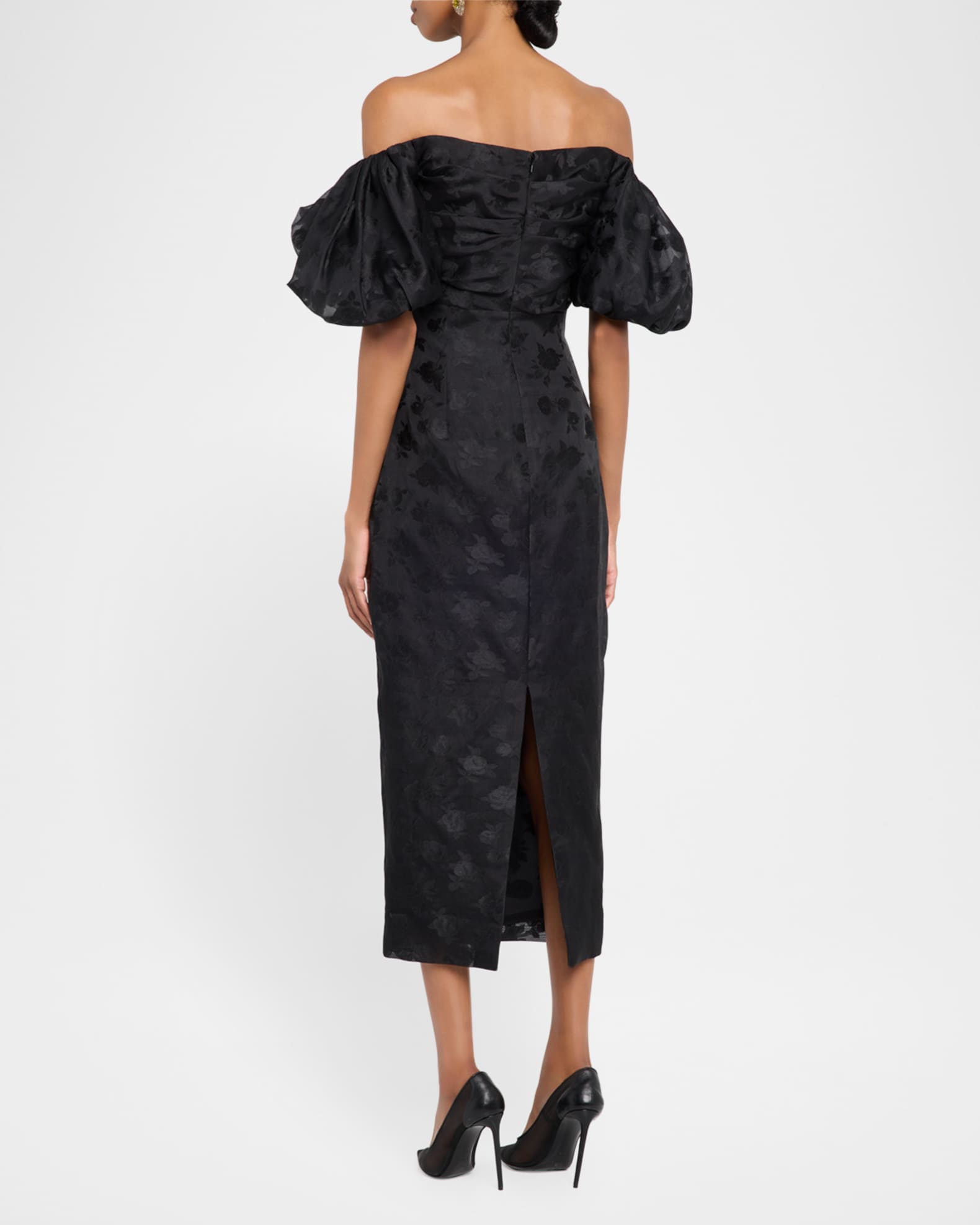 Lela Rose Thelma Off-The-Shoulder Puff-Sleeve Fil Coupe Midi Dress