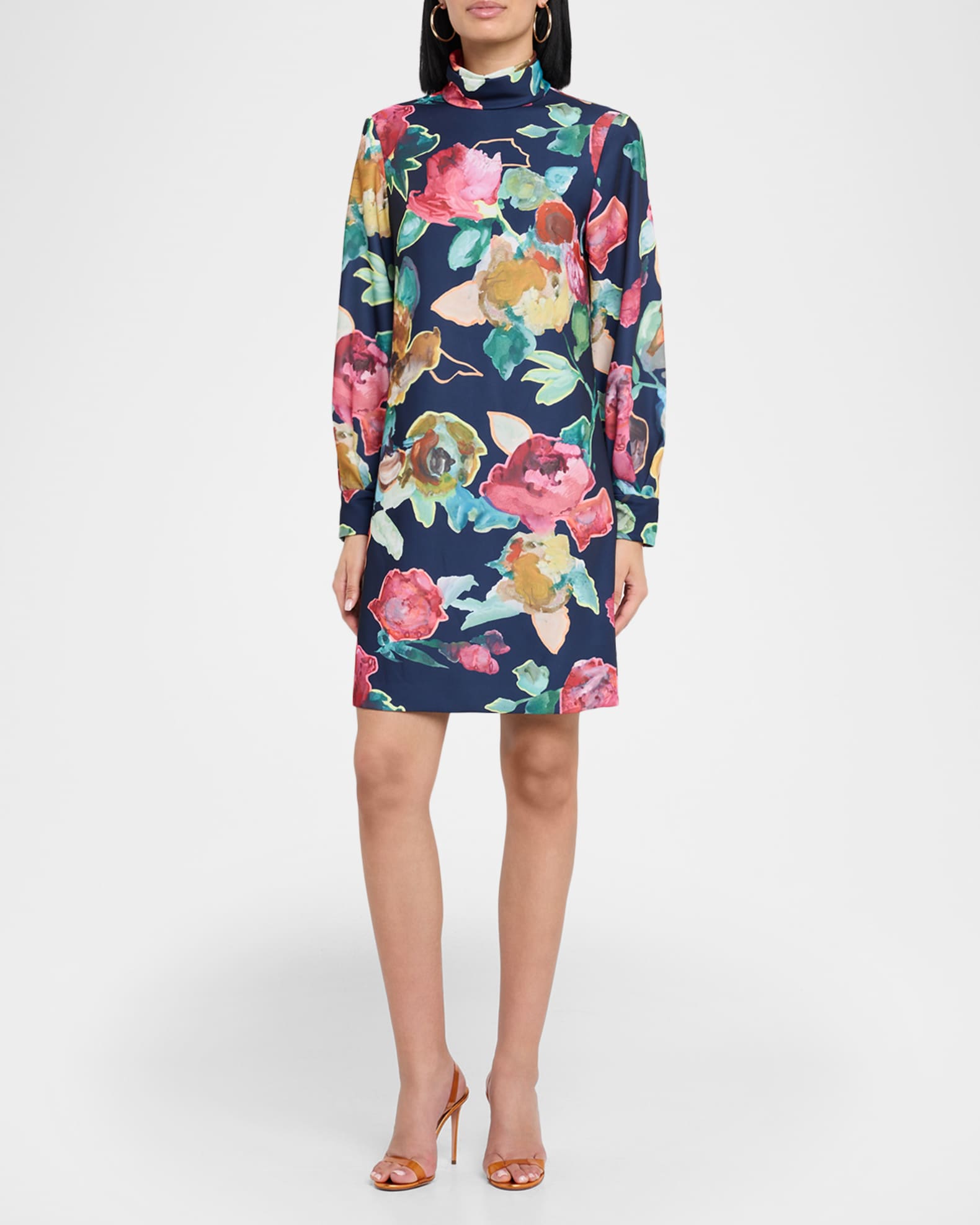 Elizabeth Floral Crepe Long-Sleeve Shift Dress 1