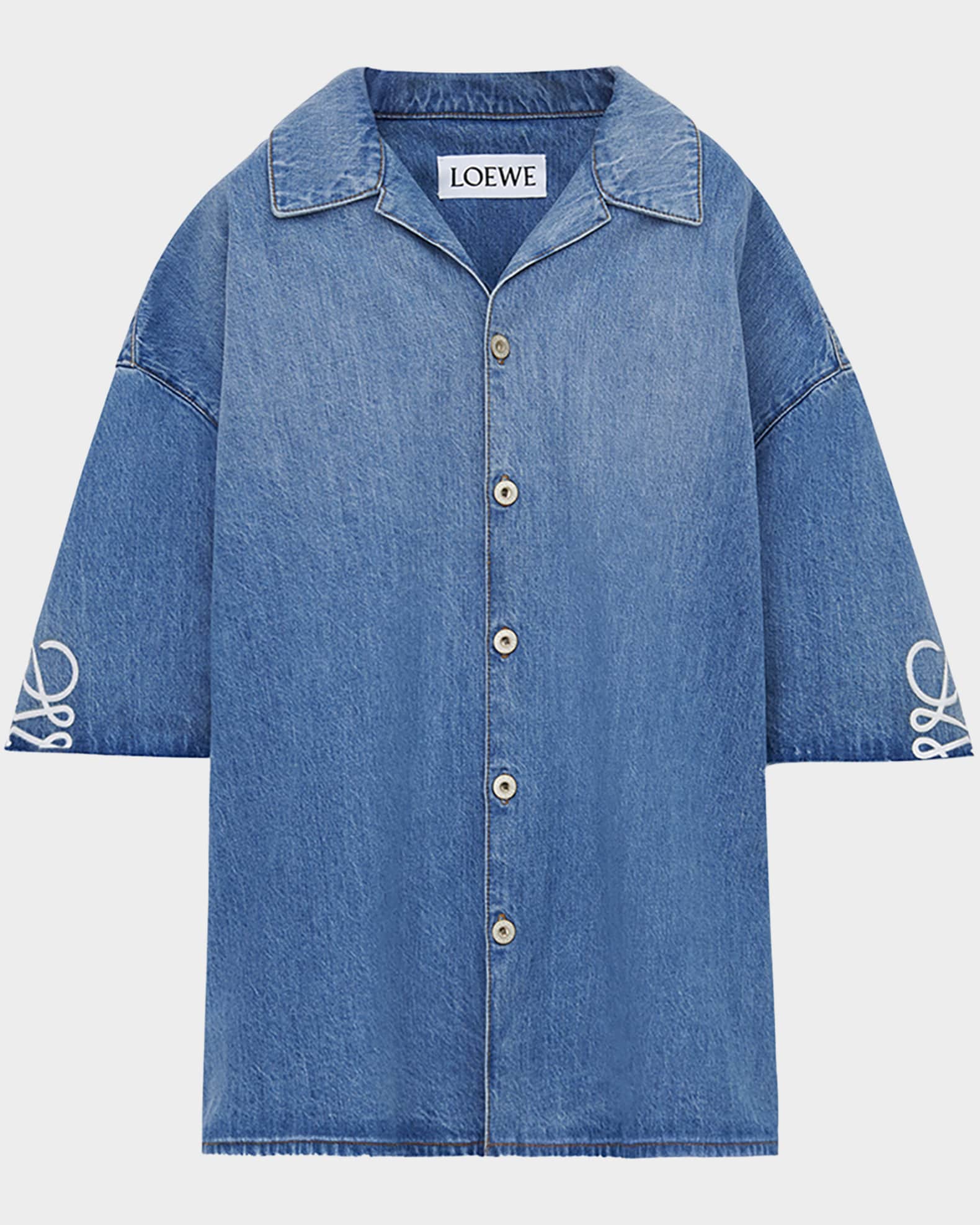 Loewe Men's Washed Denim Anagram-Sleeve Camp Shirt | Neiman Marcus