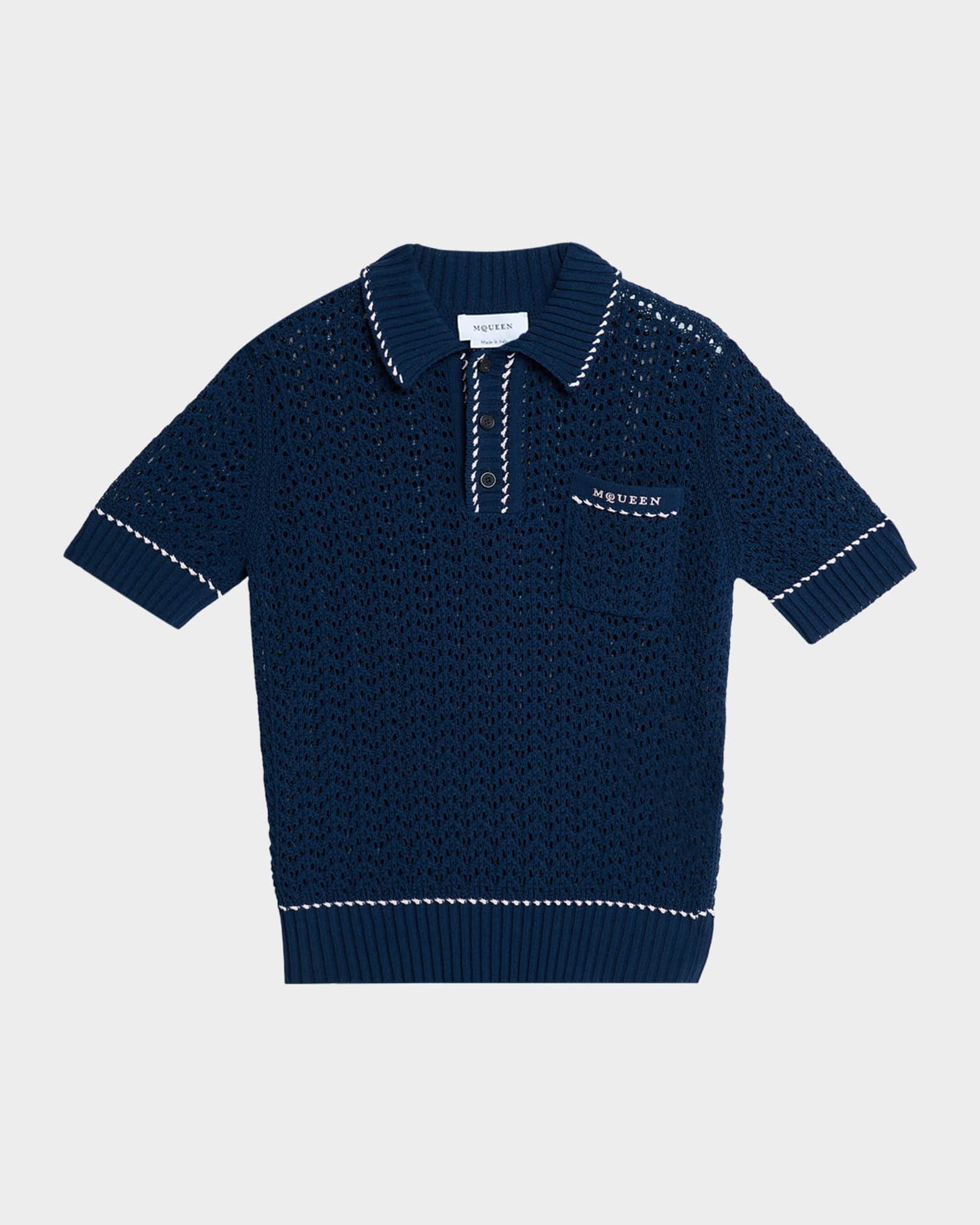 McQueen Men's Crochet Knit Short-Sleeve Pocket Polo Sweater