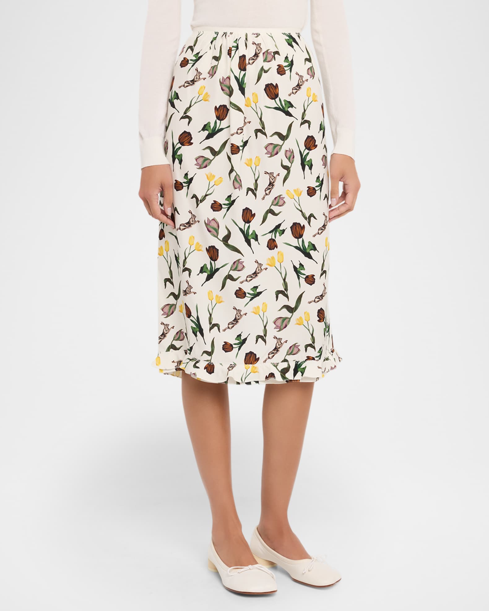 Marni Floral Ruffle Midi Skirt | Neiman Marcus