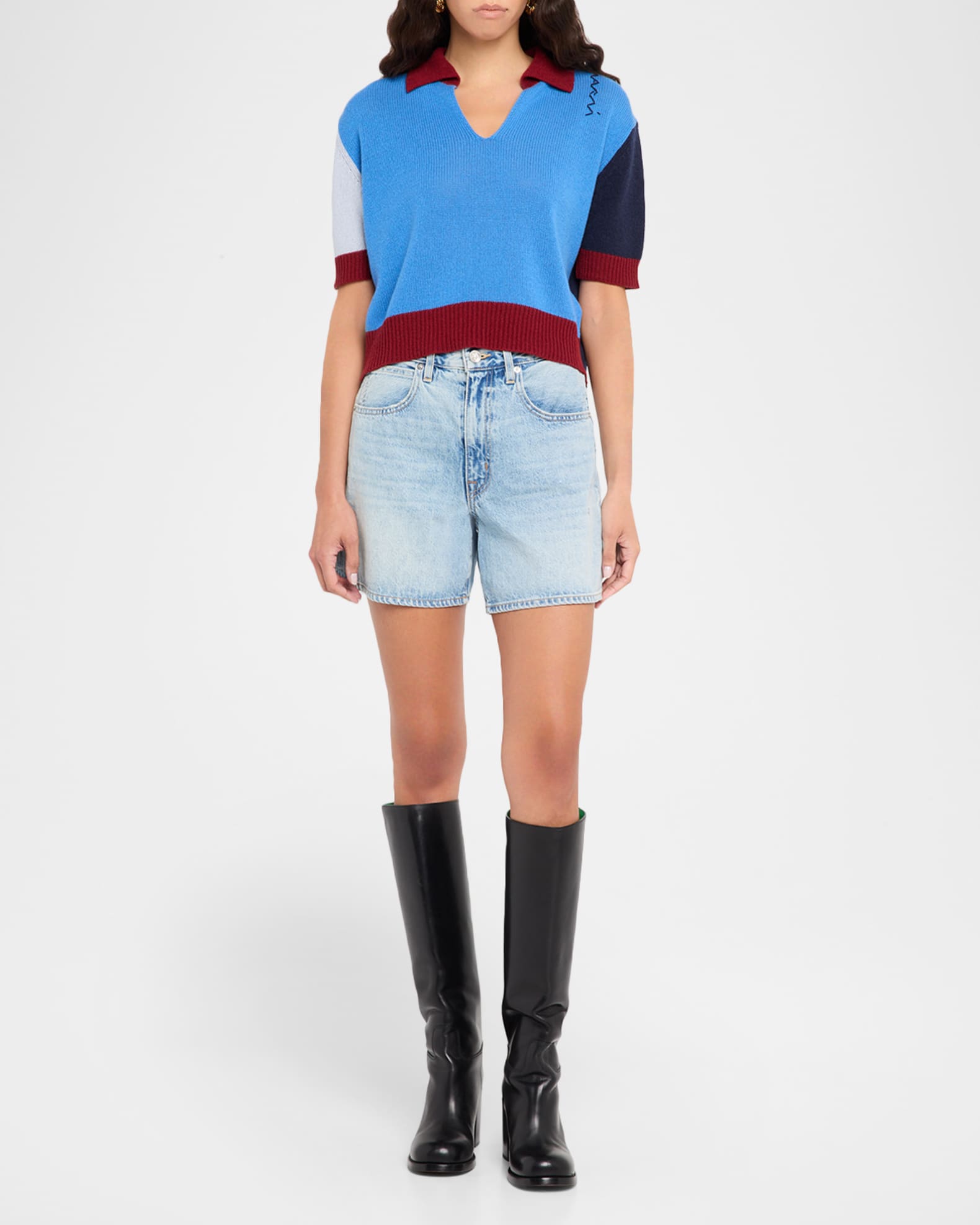 V-neck Collar Short Sleeve Crop Knit Polo - Butter main image 1