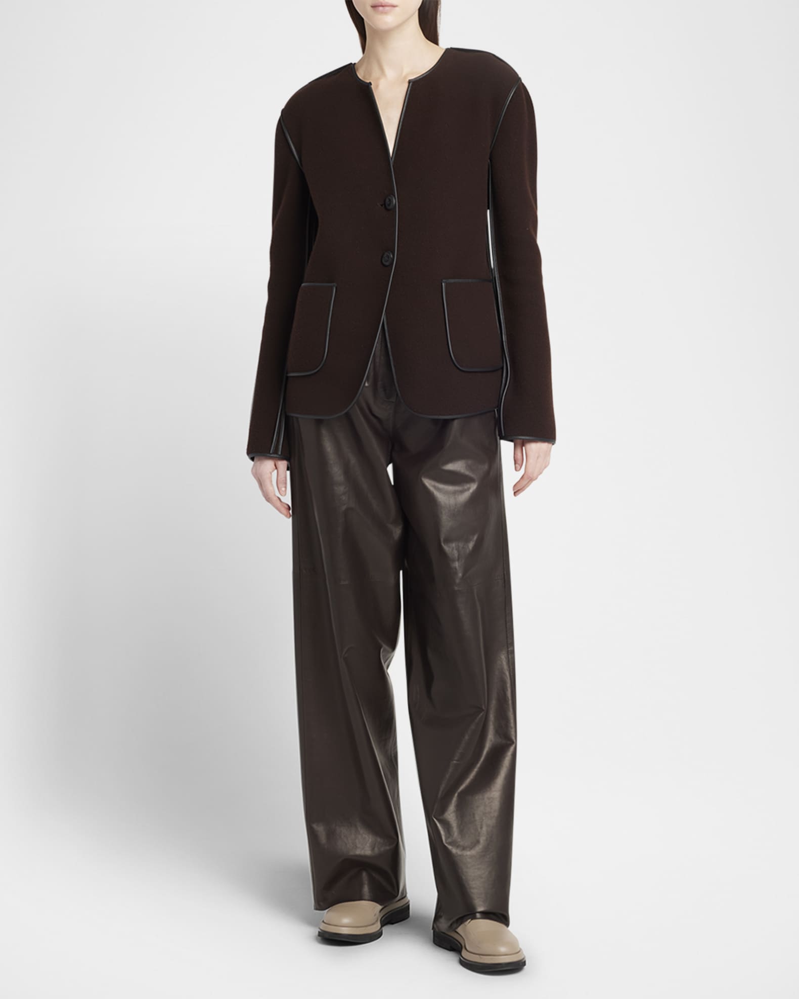 Leather Piping Cashmere Fleece Short Coat 1