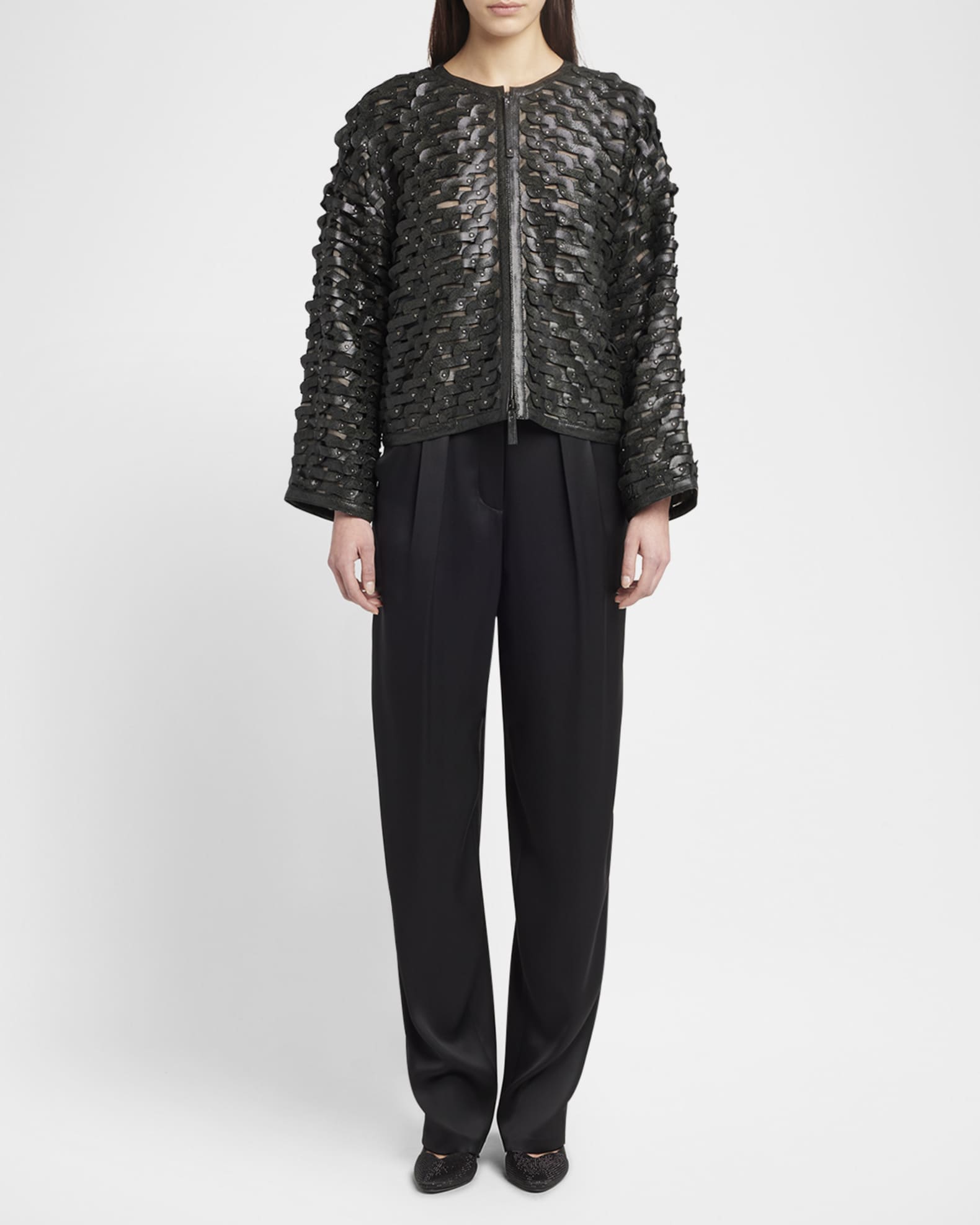Giorgio Armani Beaded Woven Snake-Embossed Leather Zip Jacket