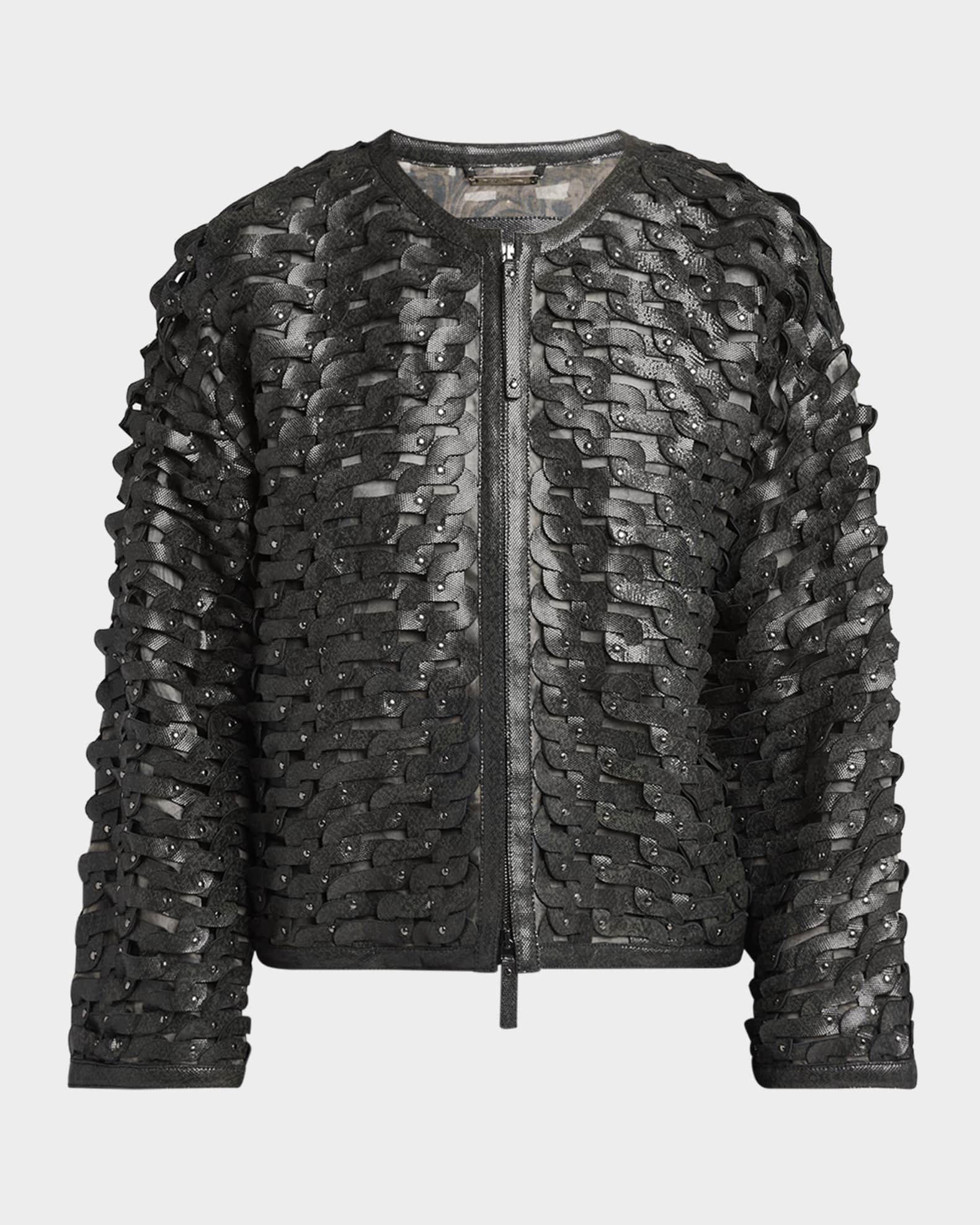 Giorgio Armani Beaded Woven Snake-Embossed Leather Zip Jacket