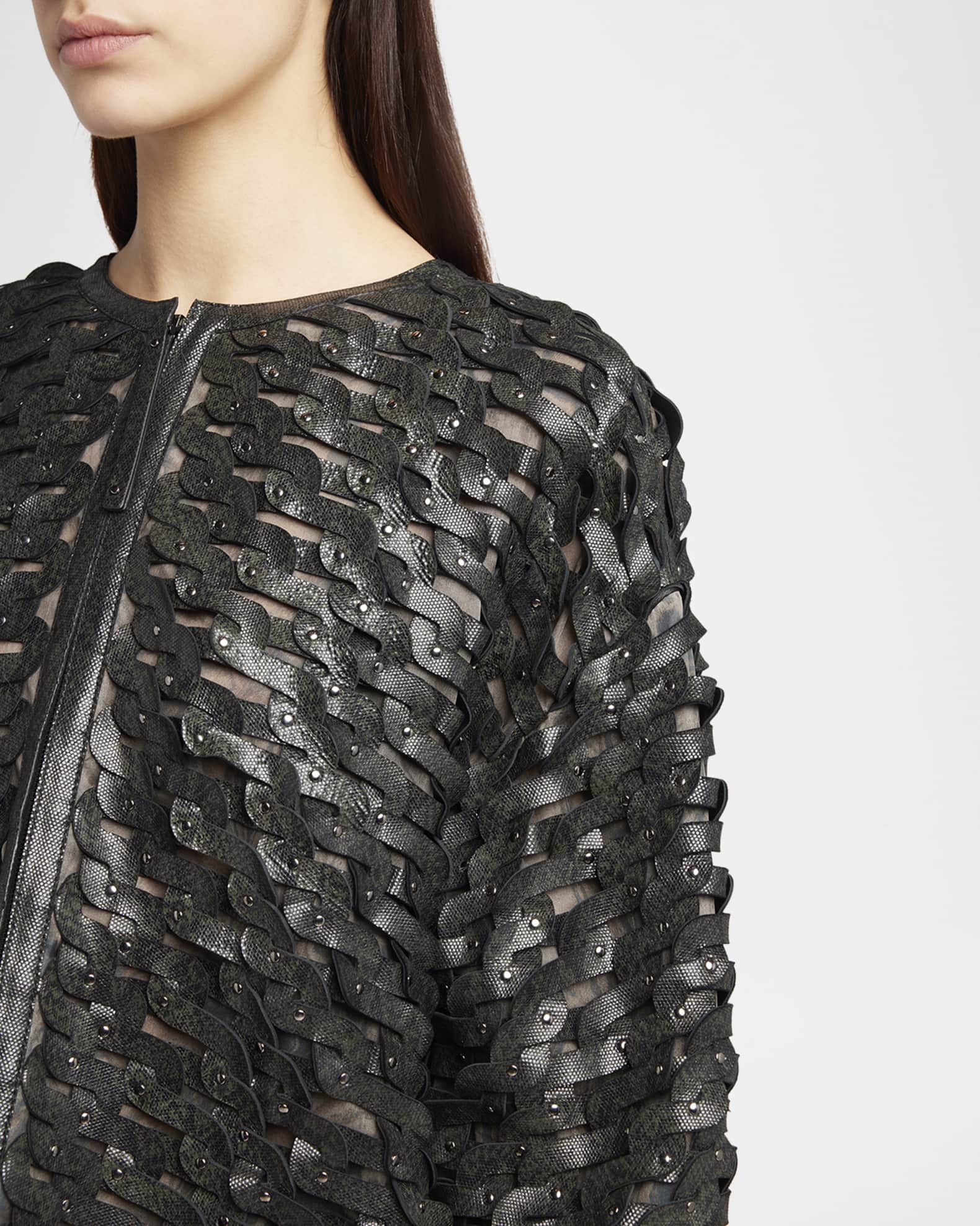 Giorgio Armani Beaded Woven Snake-Embossed Leather Zip Jacket
