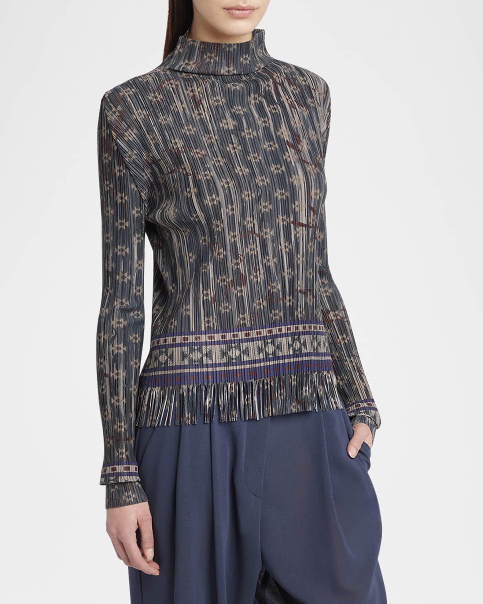 GIORGIO ARMANIトップス Giorgio Armani Mock-Neck Geo Jersey Plisse Fringe Top | Neiman Marcus