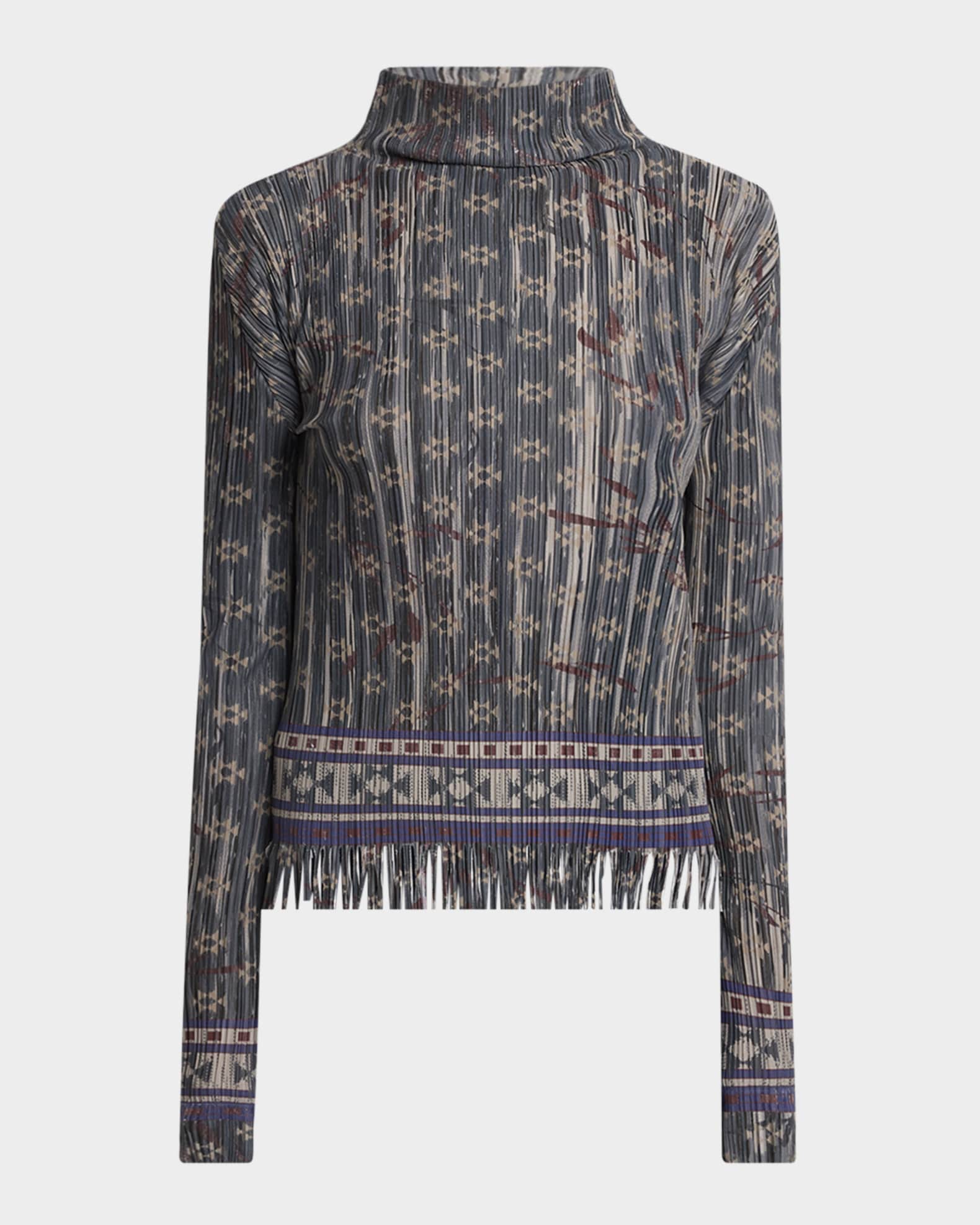 Giorgio Armani Mock-Neck Geo Jersey Plisse Fringe Top | Neiman Marcus