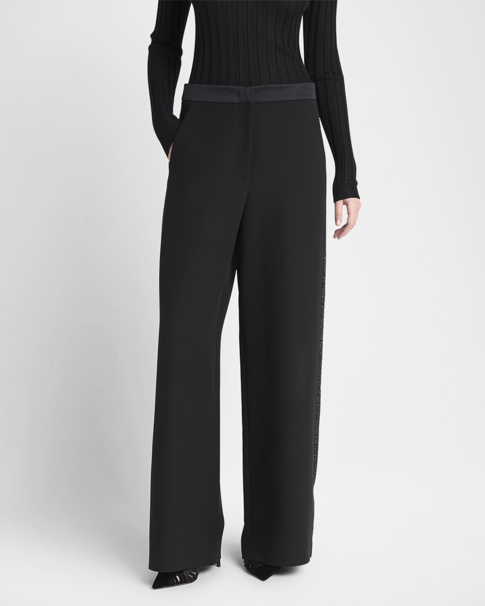 Giorgio Armani Wide-Leg Beaded Silk Tuxedo Pants | Neiman Marcus