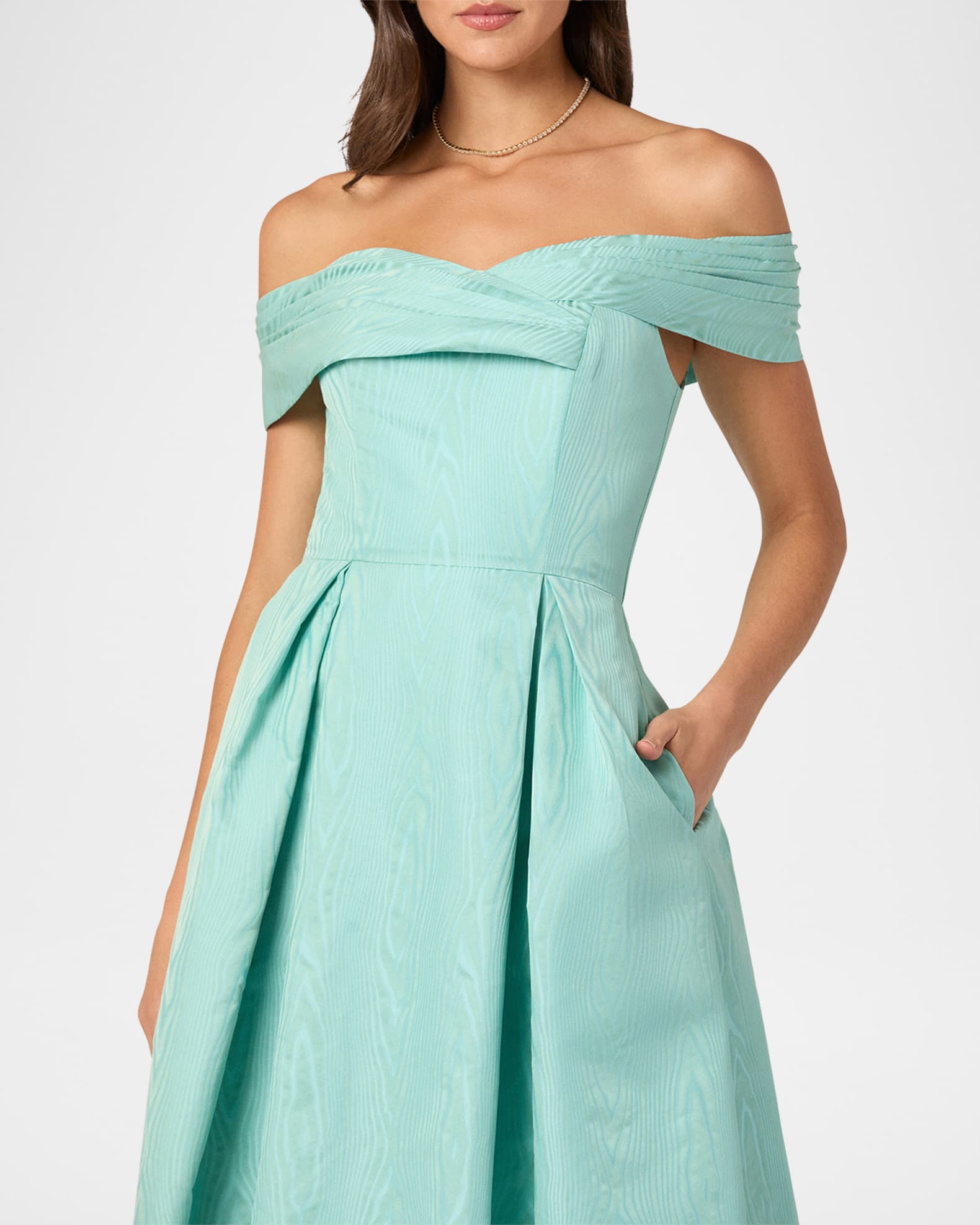 Shoshanna June Pleated Off-Shoulder Midi Dress | Neiman Marcus