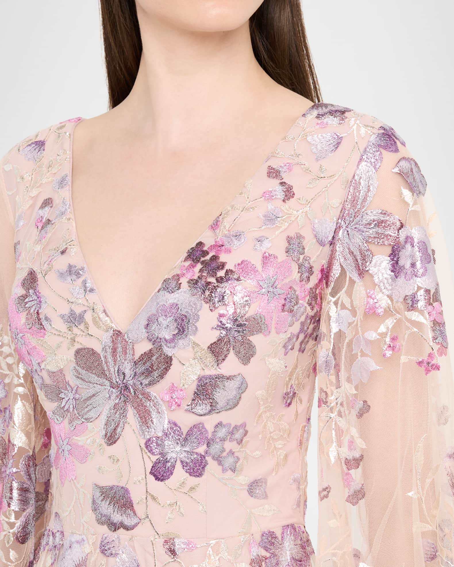 Jovani Balloon-Sleeve Metallic Embroidered Gown | Neiman Marcus
