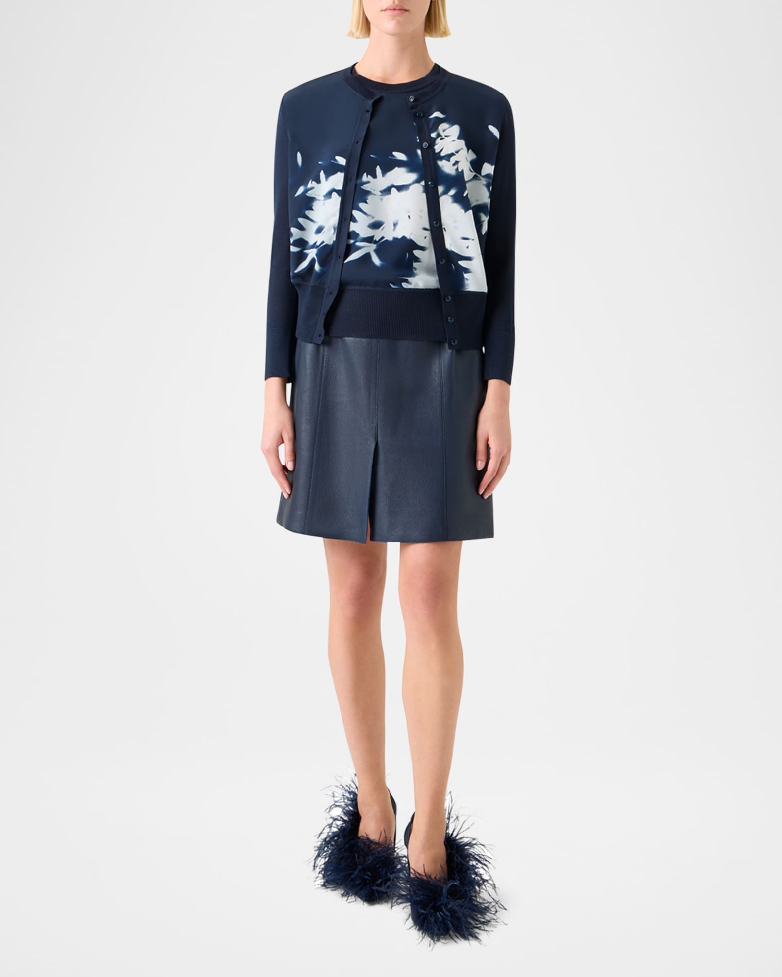 Wildflower-Print Silk Panel Crewneck Cardigan 1