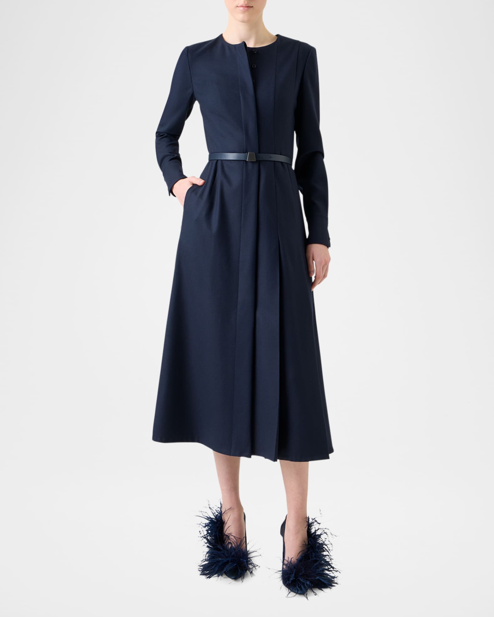 Pleated Wool Stretch Flannel Midi Dress With Belt 1