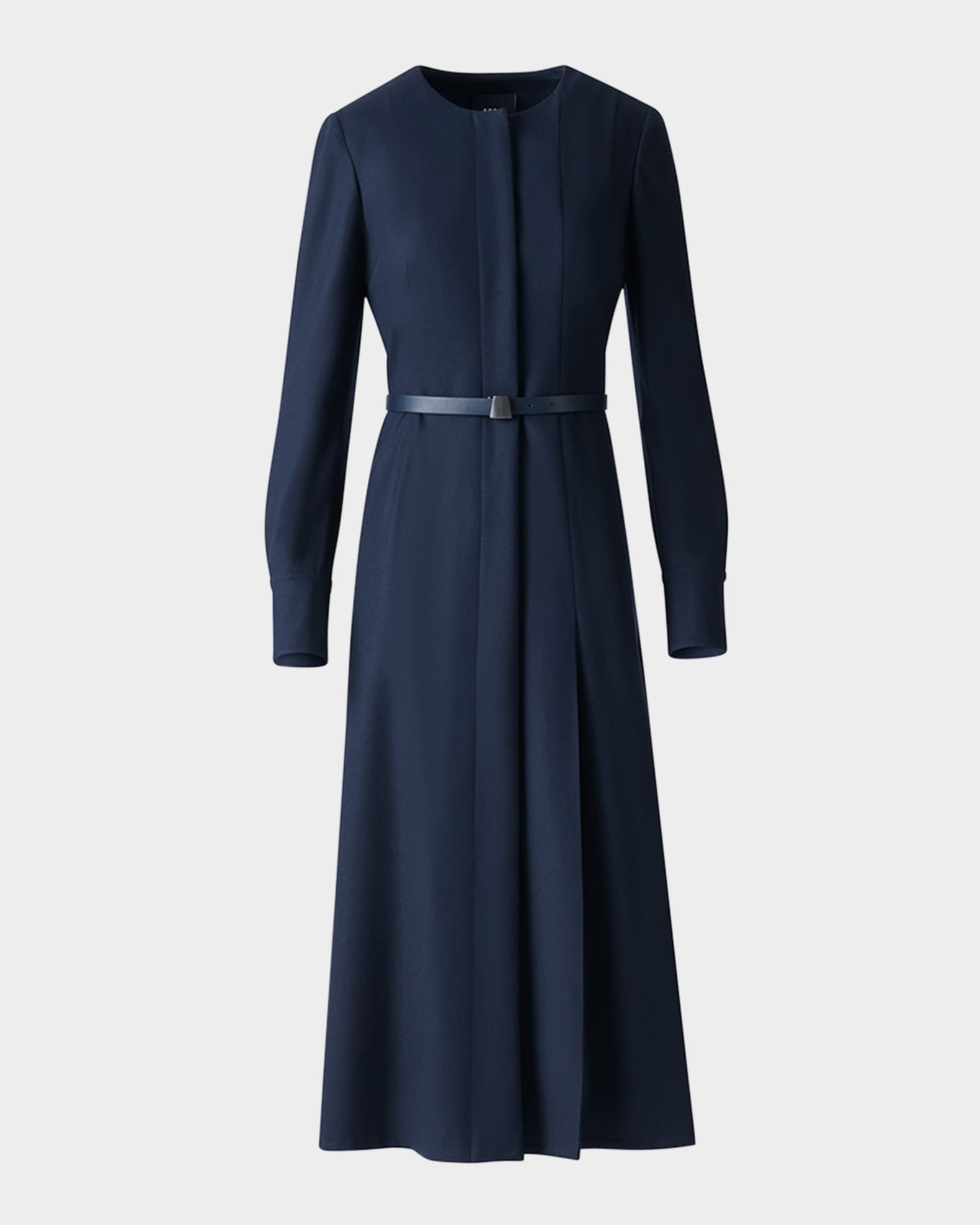 Pleated Wool Stretch Flannel Midi Dress With Belt 0