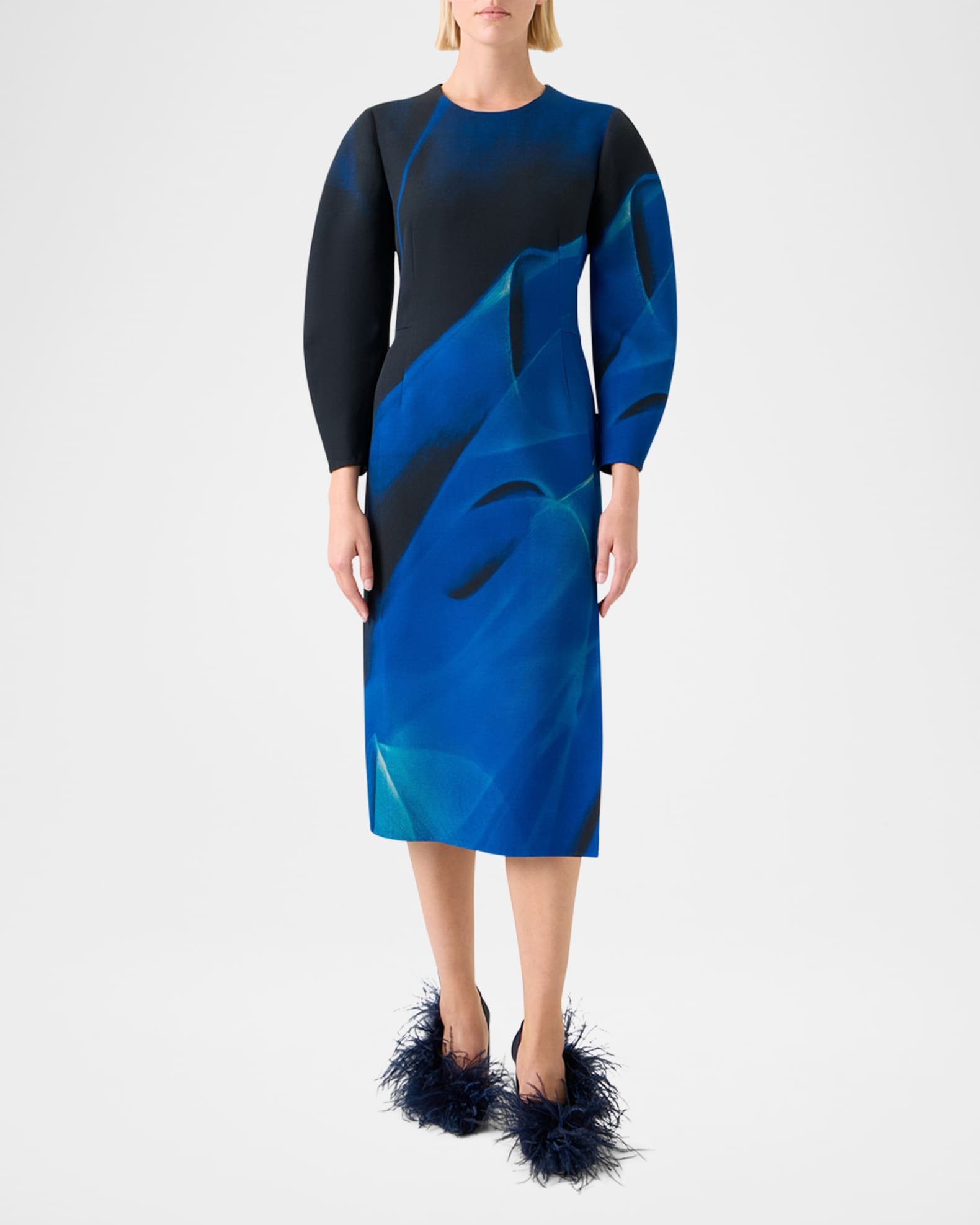 Alysons Cyanotype-Print Voluminous Sleeve Midi Dress 1