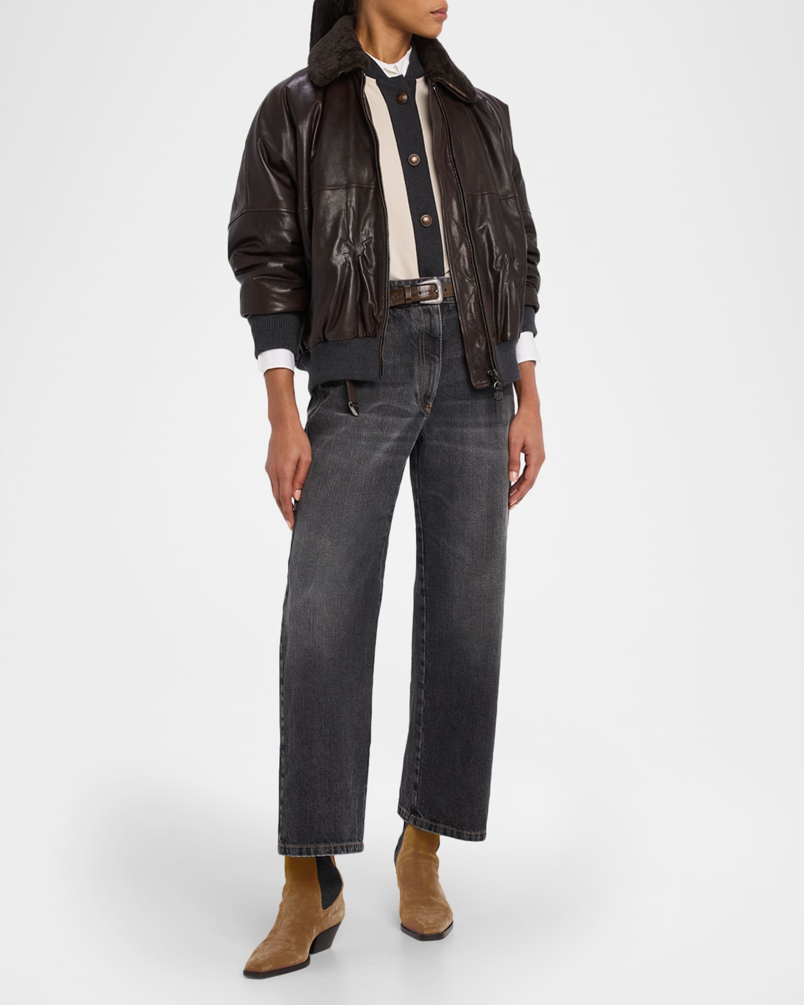 Brunello Cucinelli Leather Biker Jacket with Removable